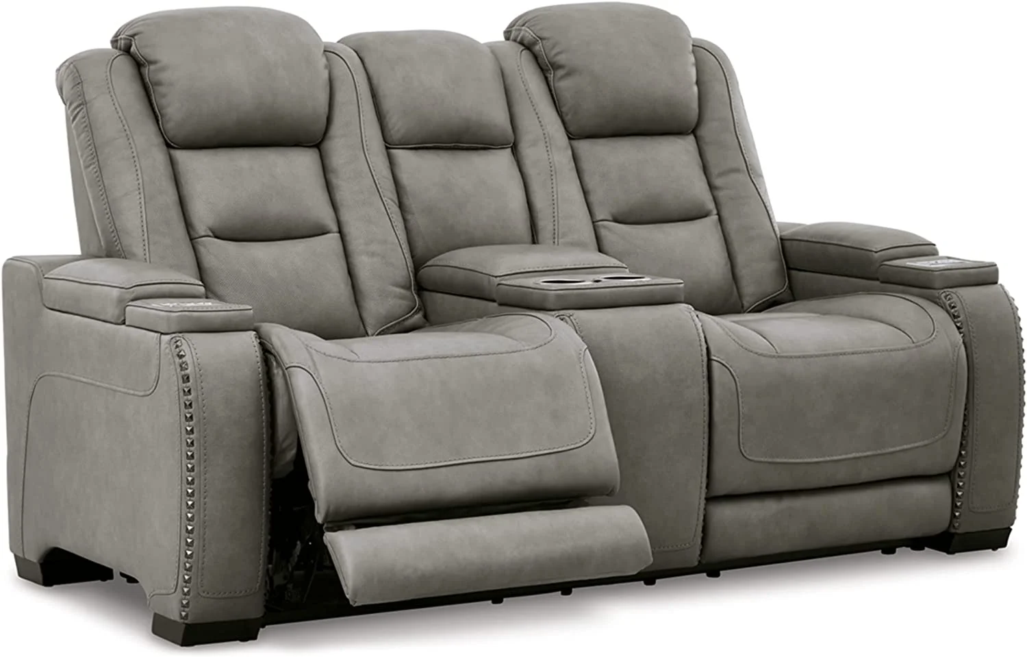 Signature Design by Ashley The Man-Den Leather Power Reclining Loveseat in Gray