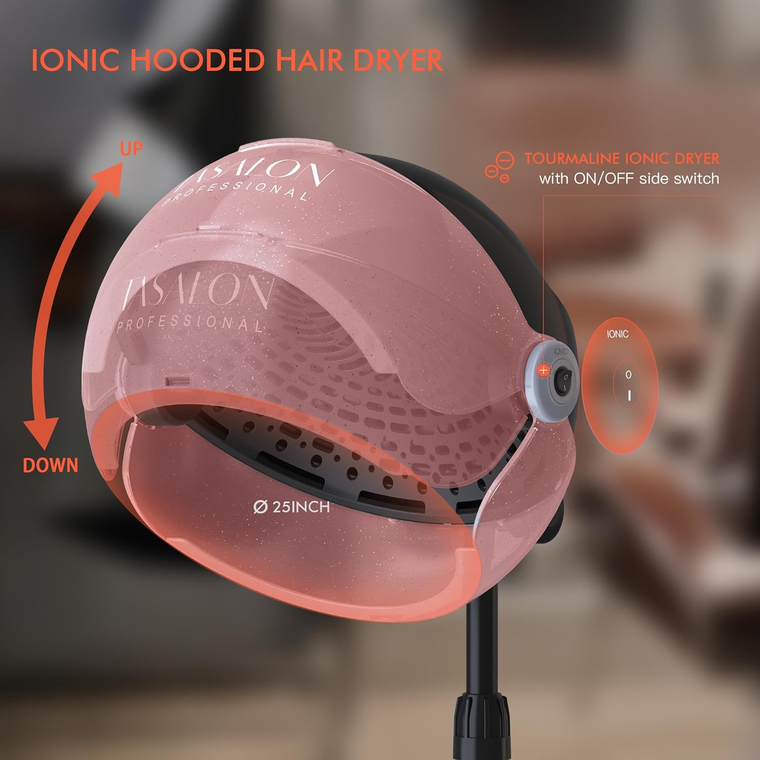 TASALON Ionic Hooded Hair Dryer, 1875W Professional Adjustable Standing Bonnet with 3 Temperature Settings, Sit Under Hair Dryer for Home, Auto Salon Dryer with Rolling Wheels & Timer, Pink