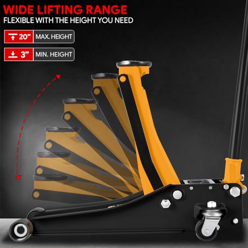 DNA MOTORING Floor Jack 3 Ton (6000 lbs) Capacity, Fast Lift Service Jack Low Profile Steel Heavy Duty Hydraulic Car Jack, Lifting Range 3"-20", Black, TOOLS-00475-BK