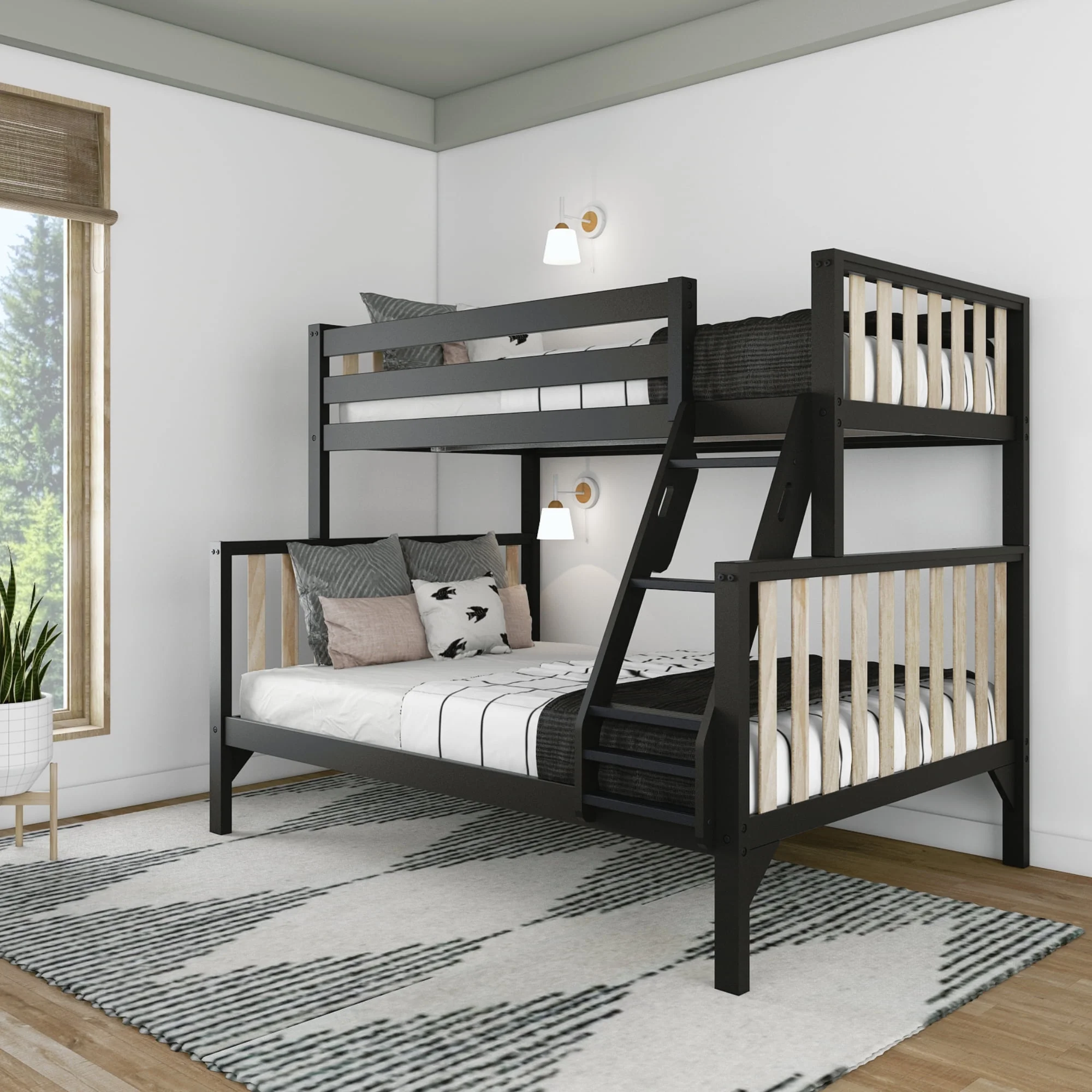Max & Lily Scandinavian Twin over Full Bunk Bed For Kids, Wooden Bunk Beds with Ladder, Black/Blonde