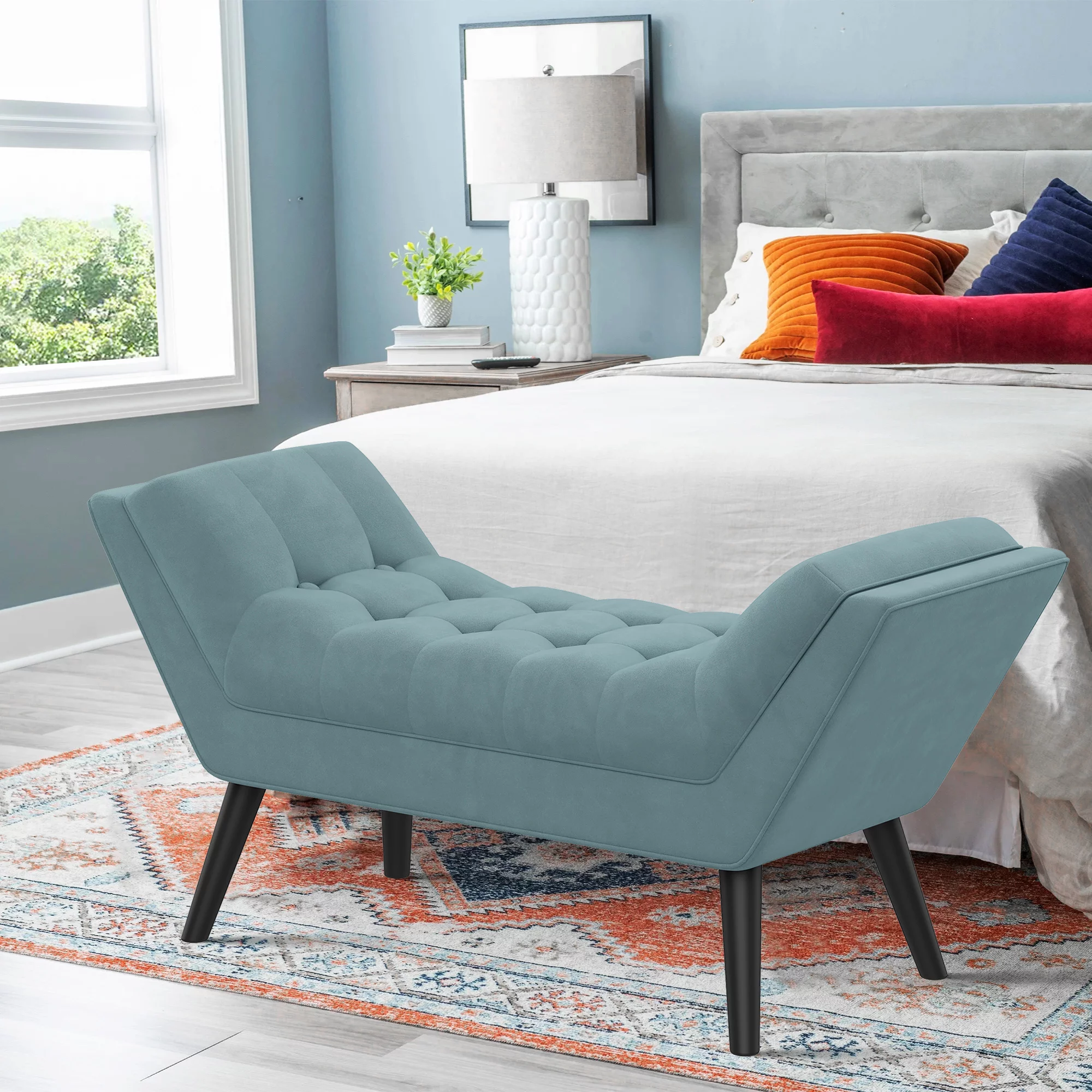 Andeworld Bed Bench Upholstered Tufted Footstool Entryway Ottoman Bench Two Seaters (Blue)