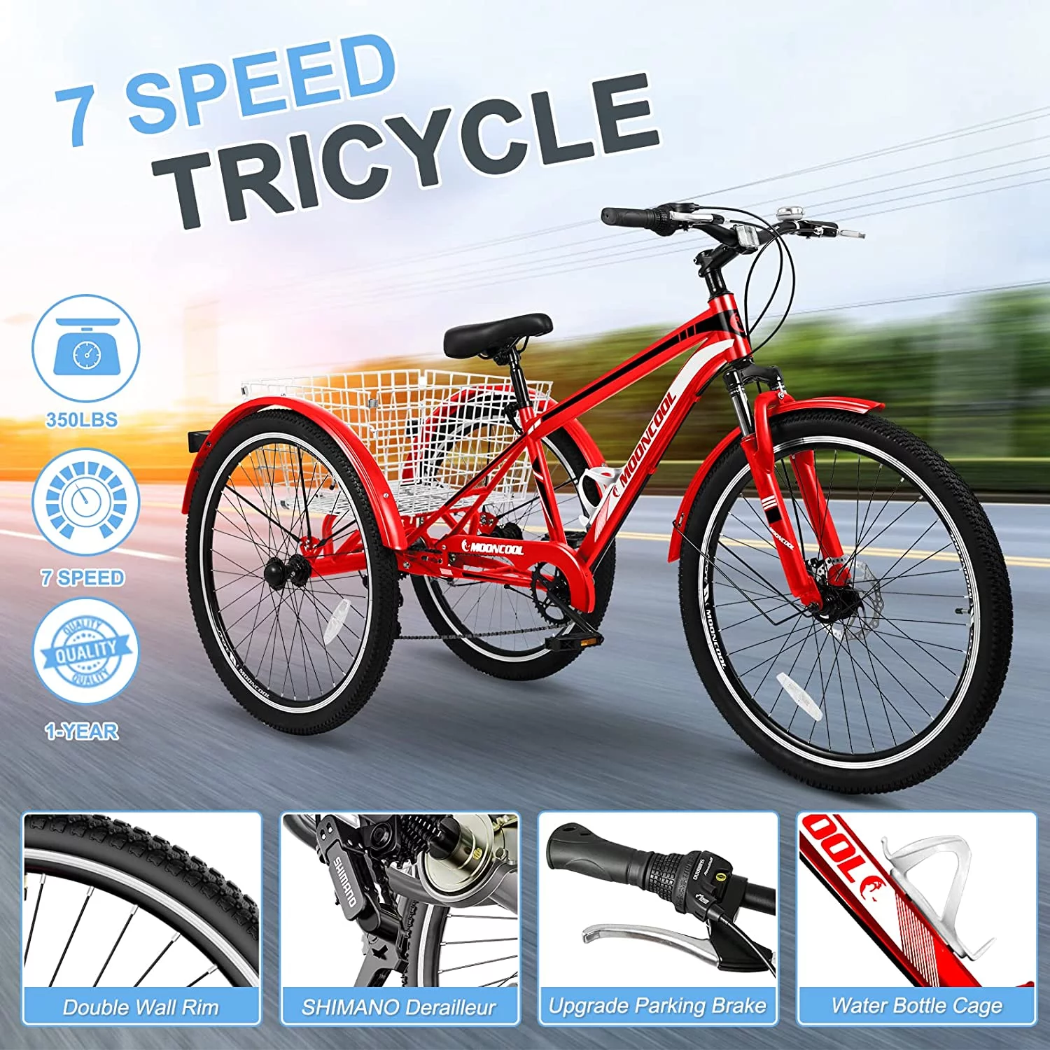 ABORON Mountain Tricycle for Adults, 3 Wheeled 7-Speed Mountain Tricycle 24/26/27.5 inch Men's Women's Tricycles Cruiser Bike with Cargo Basket