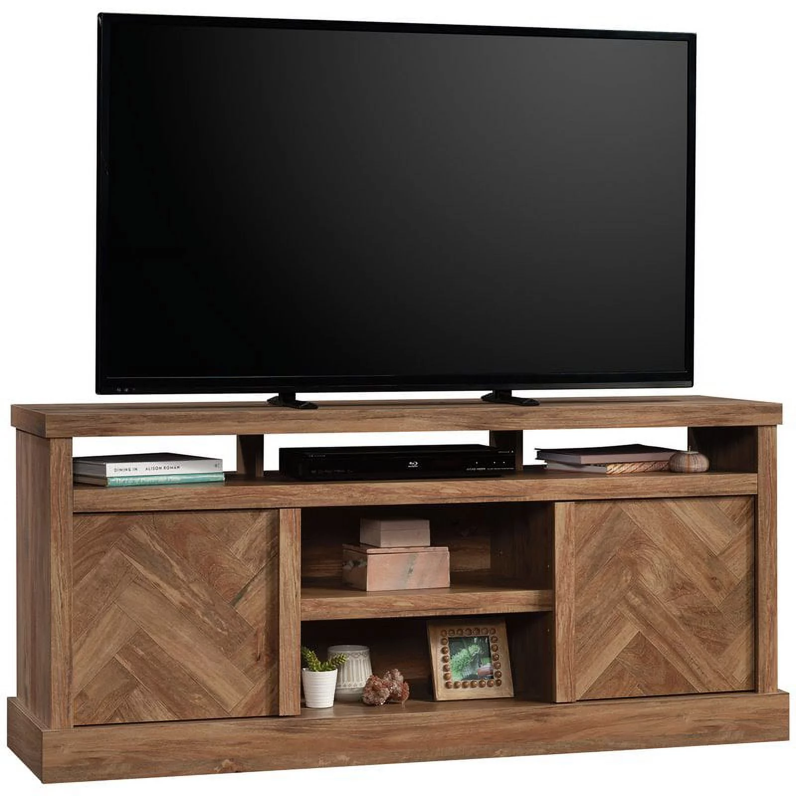 Sauder Cannery Bridge Herringbone TV Stand for TVs up to 65", Sindoori Mango Finish