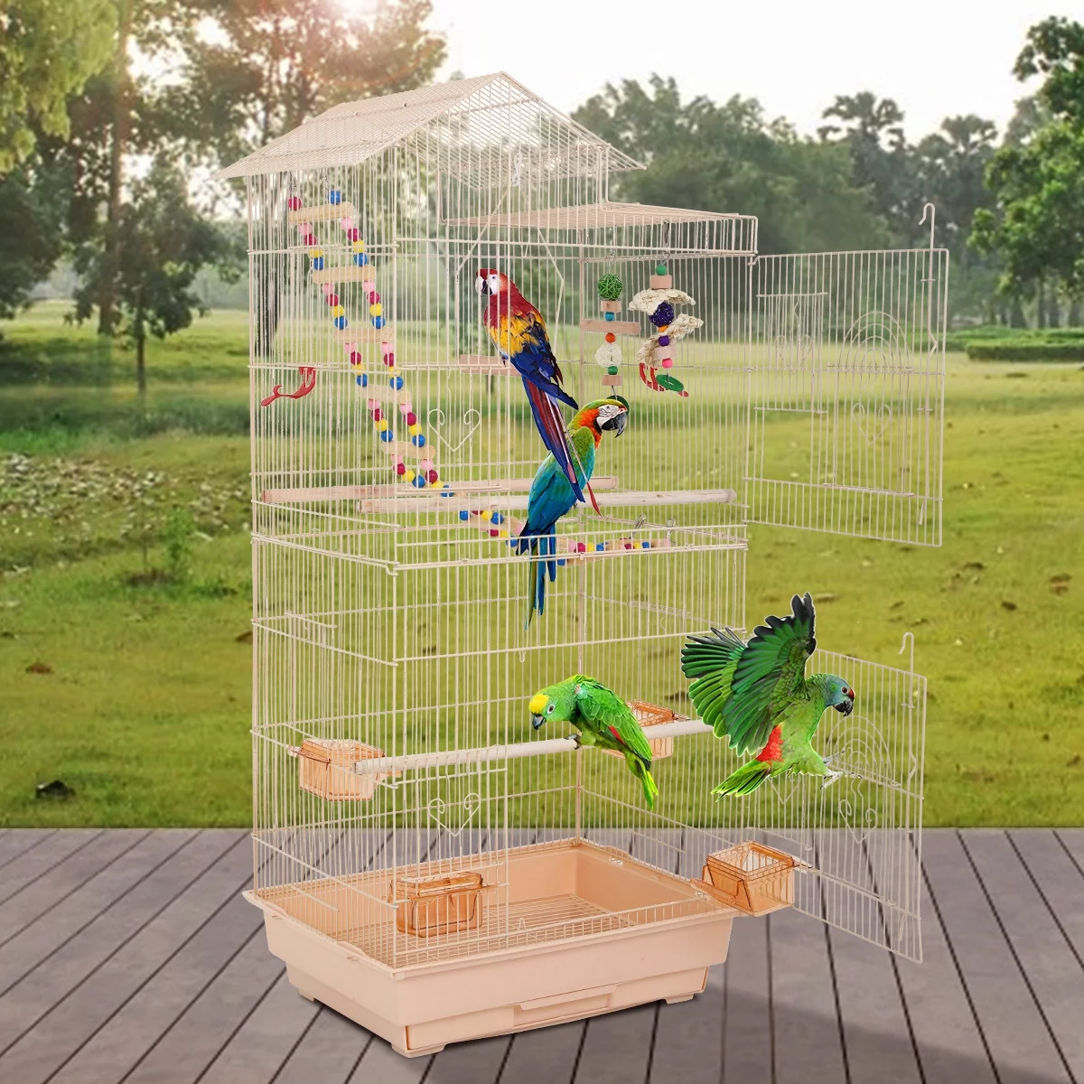 Dkelincs 39 Inch Big Birdcage Study Parakeet Cage Aviary with Accessories Roof Top Flight Parrot Cage with Ladder & Swing for Parakeet, Cockatiels, Parrots, Almond - Curated Treasures Market