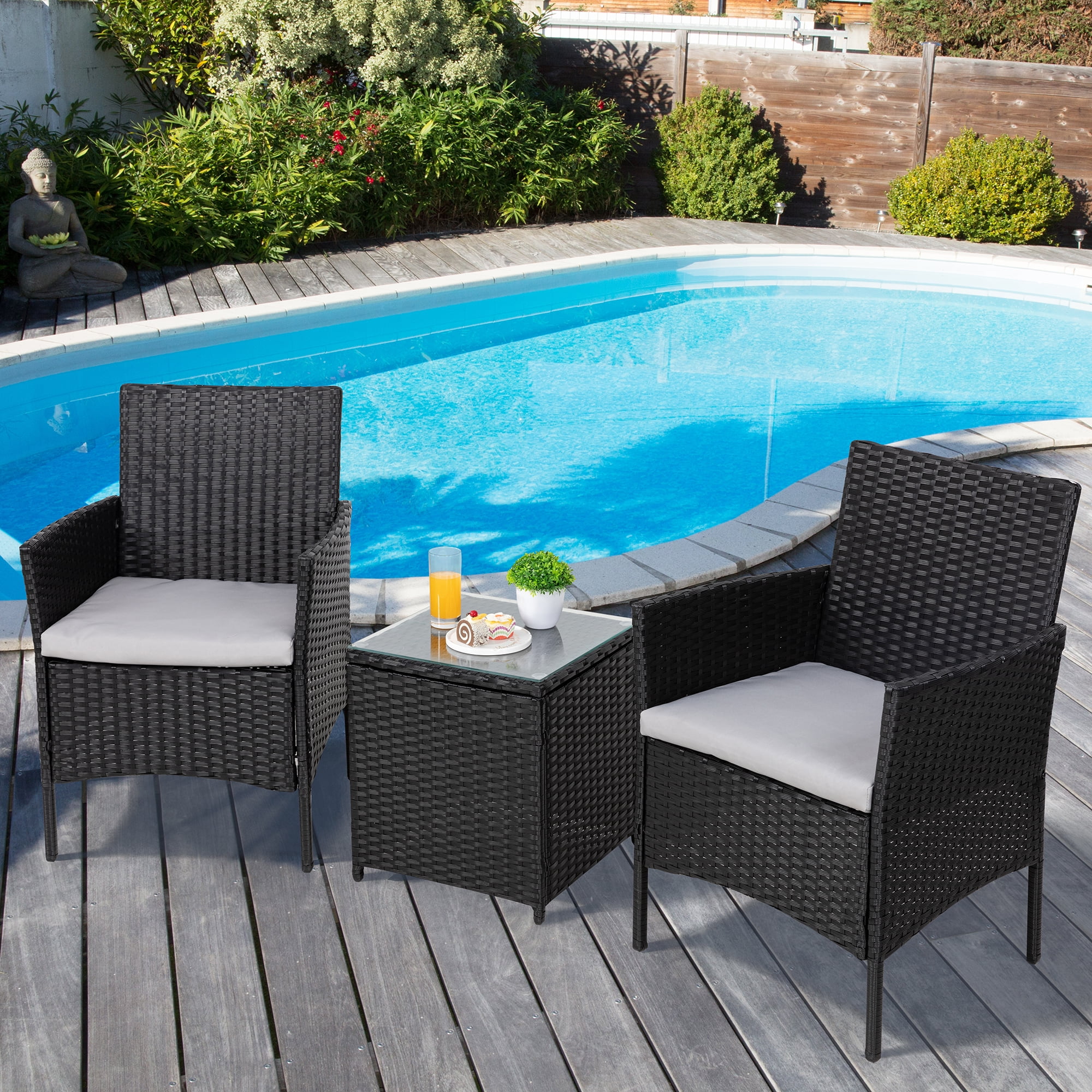 Walsunny 3 Pieces Patio Furniture Set Outdoor Wicker Conversation Bistro Set Outdoor Patio Chairs with Tempered Glass Table Beige