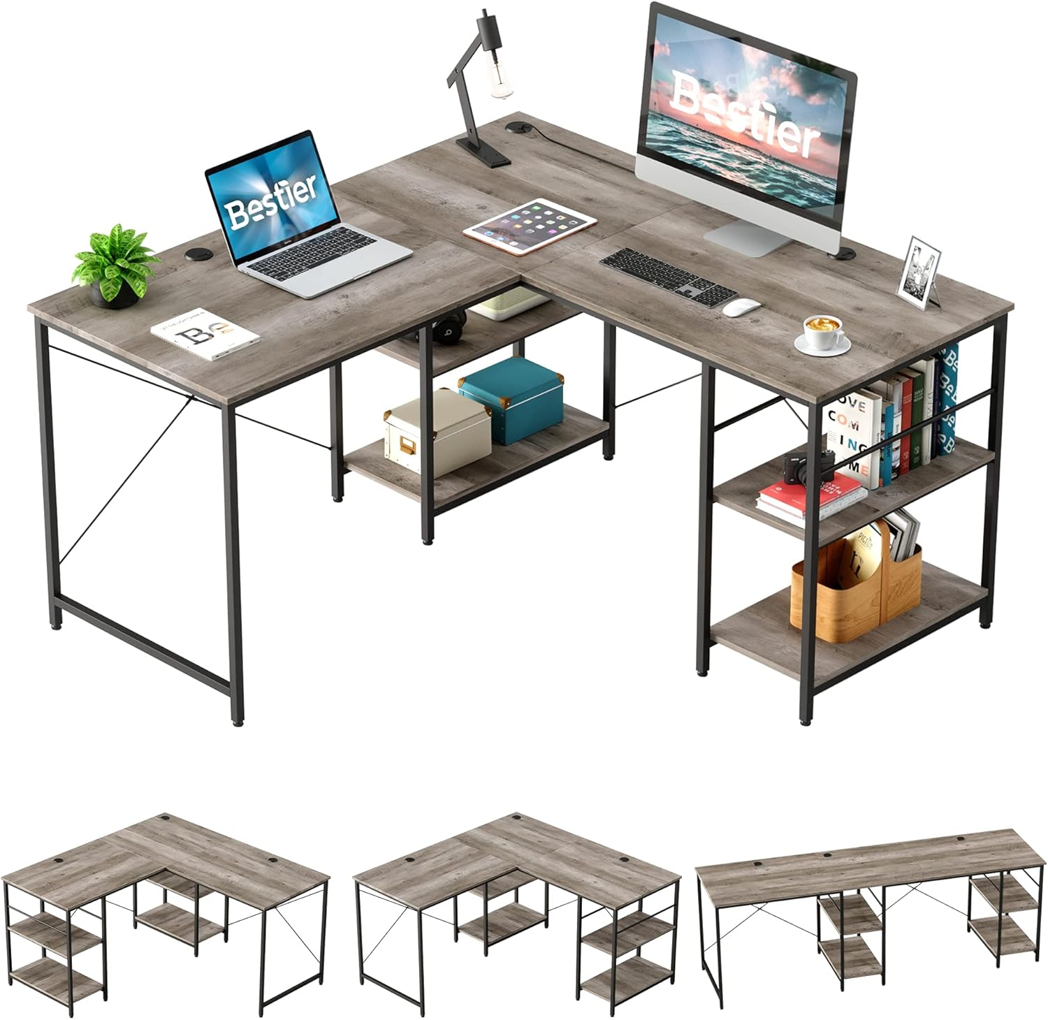Bestier L Shaped Desk with Shelves 95.2 Inch Reversible Corner Computer Desk or 2 Person Long Table for Home Office Large Gaming Writing Storage Workstation P2 Board with 3 Cable Holes, Rustic Brown