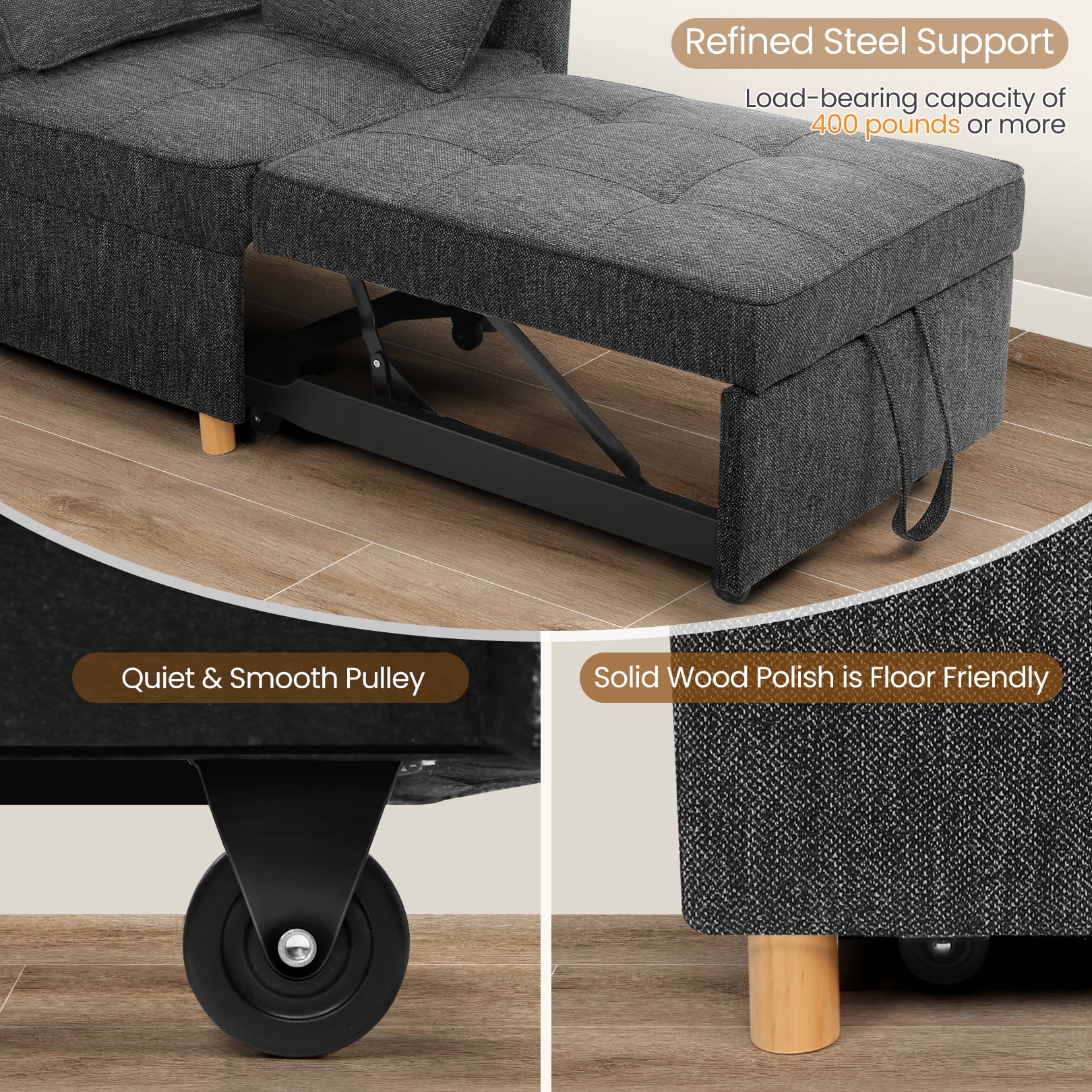 Linen Sofa Beds Chair, 4 in 1 Convertible Chair Sleeper Bed with 5 Adjustable Backrest and 2 Pillows, Black