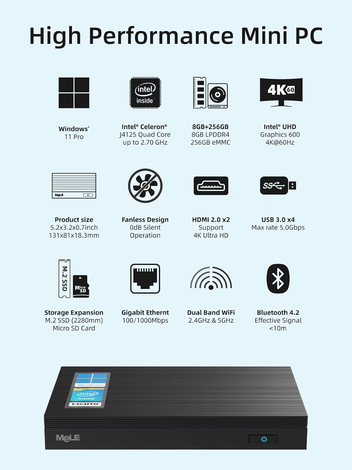 MeLE Mini PC Quieter2Q Fanless Windows 11 Pro Portable Desktop Micro Computer J4125 8G 256GB 4K Dual HDMI Gigabit Ethernet Small Form Factor pc for Home Office School Business Media Industry IoT Etc.