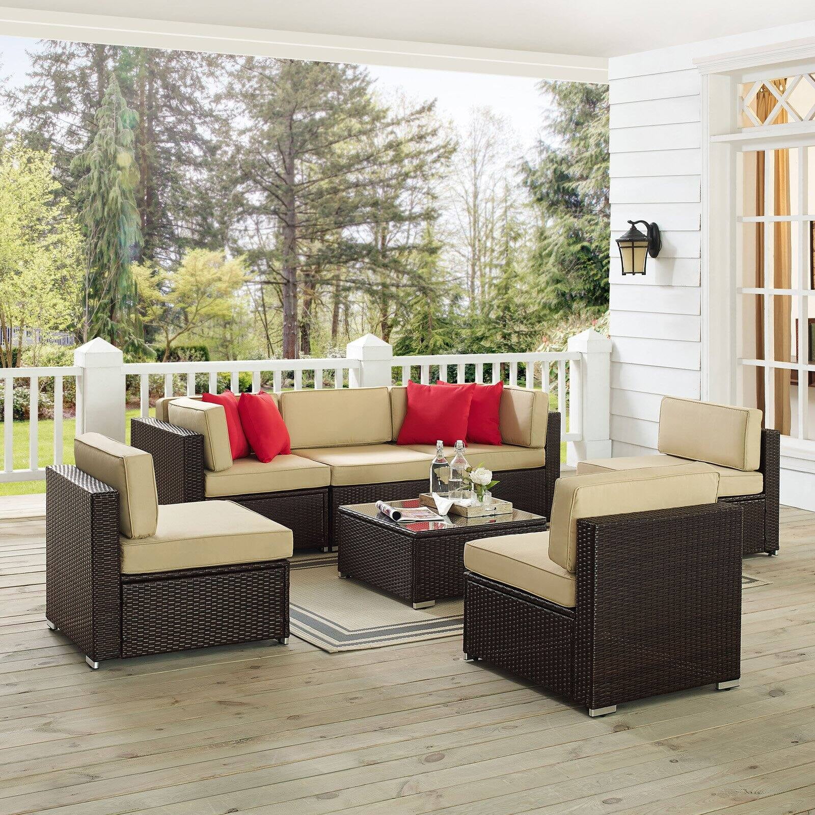 Crosley Sea Island 7 Piece Patio Sectional Set in Brown and Sand