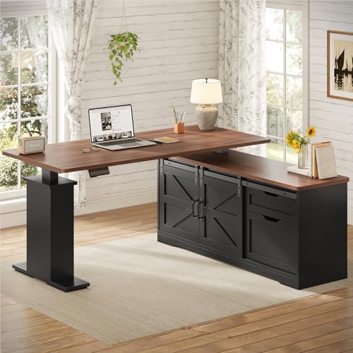 SEDETA Farmhouse L Shaped Standing Desk, 55 inch Height Adjustable Corner Desk with Storage Drawers, Standing Computer Desks with Power Outlets for Home Office, Black