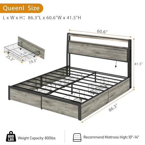 SADENICEL Queen Bed Frame with Storage Headboard and 4 Drawers, Metal Platform Bed Frame with LED Light, Charging Station, No Box Spring Needed, Noise Free, Easy Assembly, Vintage Brown