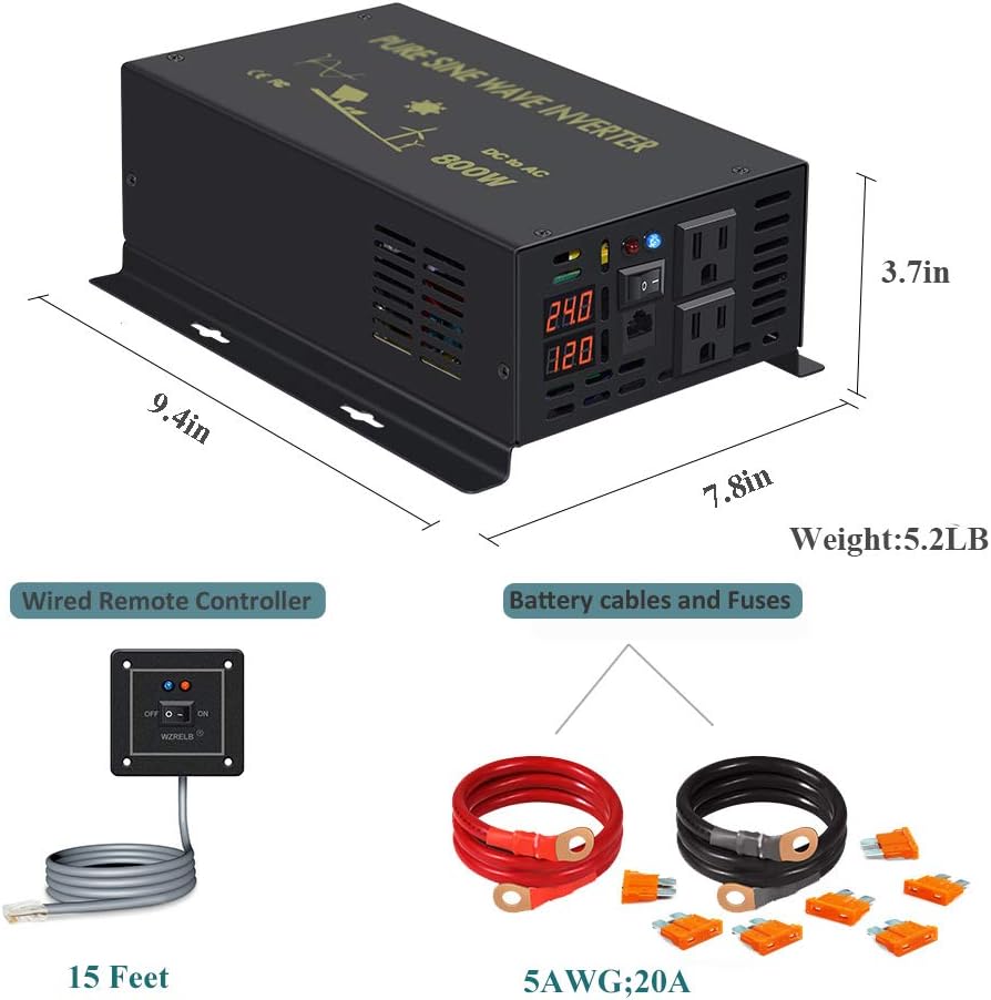 Pure Sine Wave Inverter 800Watt 12V DC to 110V 120V Power Inverter with Remote Control Dual AC Outlets for CPAP RV Car Solar System