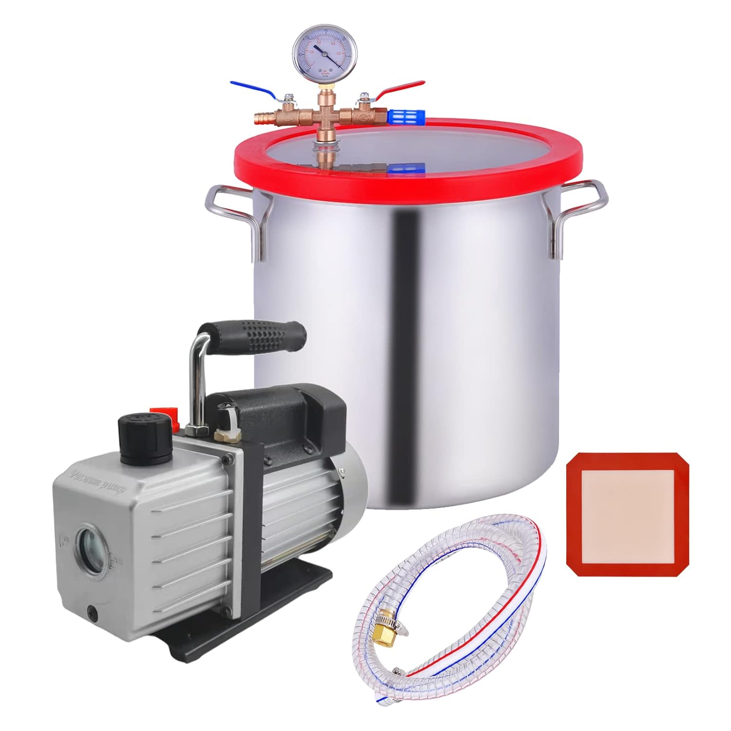Vacuum Pump and Chamber Kit, Tempered Glass Lid Stainless Steel 2 Gallon Vacuum Chamber with 5 CFM Single Stage Vacuum Pump HVAC for Silicones Casting Degassing, Epoxies and Wax Oil