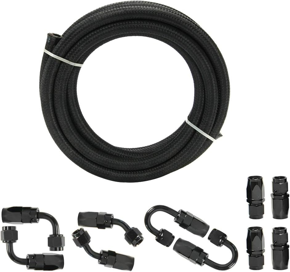 10FT 6 AN 3/8" Nylon Stainless Steel Braided PTFE E85 Tube Fuel Line Fittings Kit with 6PCS Swivel Fuel Hose Fitting Adapters Pack of 2