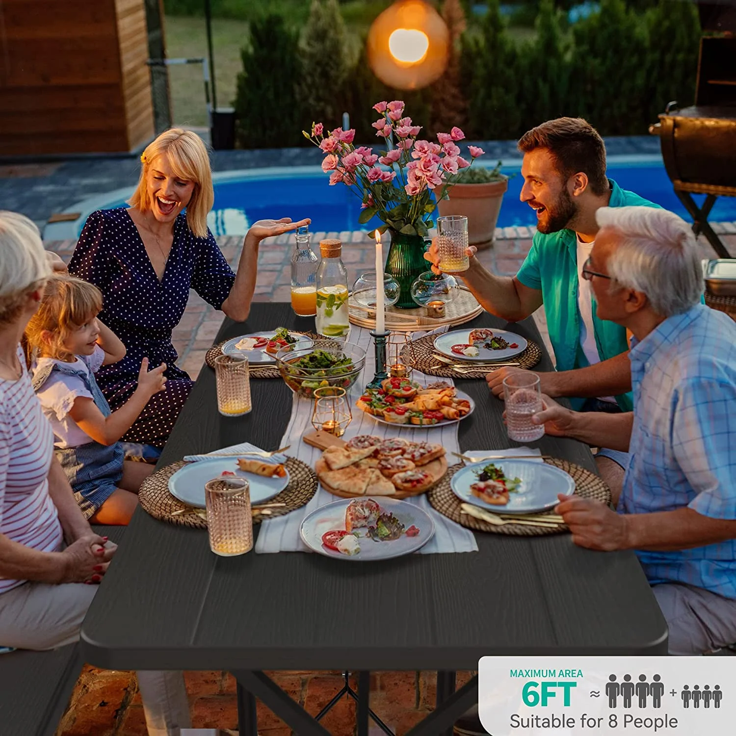 Dextrus 6ft Folding Picnic Table Heavy Duty Outdoor Picnic Table and Bench Resin Tabletop & Stable Steel Frame w/Umbrella Hole for Yard Patio Lawn Party Black
