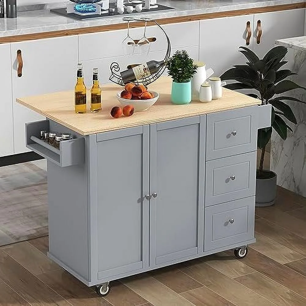CKPFVY Rolling Kitchen Island Cart with Folding Drop Leaf and  Cabinets  Kitchen Cart on Wheels with Spice Rack  Towel Rack and 3 Drawers  Dark Blue - Curated Treasures Market