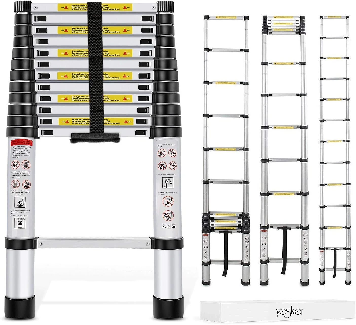 YANRUI 12.5ft Telescoping Ladder Aluminum Telescopic Extension Multi Purpose Ladders EN131 Certified - Extendable with Spring Load Locking Mechanism Non-Slip - 330 lb Max Capacity, Silver/Black - Curated Treasures Market