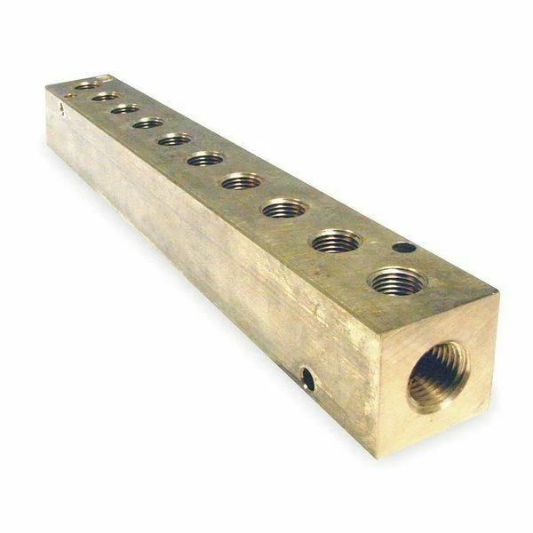 PNEUMADYNE Inc Manifold, 1/4 in Inlet size, 1/8 in Outlet size, NPT, Brass, 7 3/4 in Overall Length M10-125-10-BRS