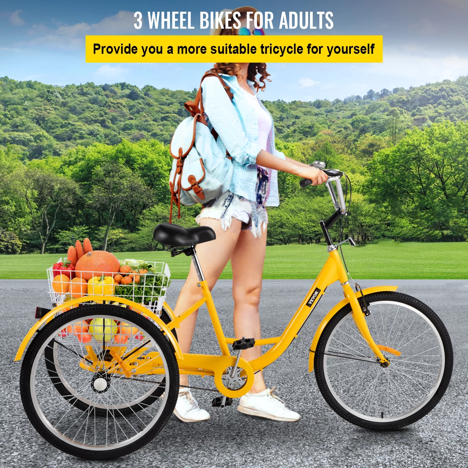 VEVOR Adult Tricycle 24 inch, 1-Speed Three Wheel Bicycles for Adult with Bell Brake System & Cargo Basket , Yellow