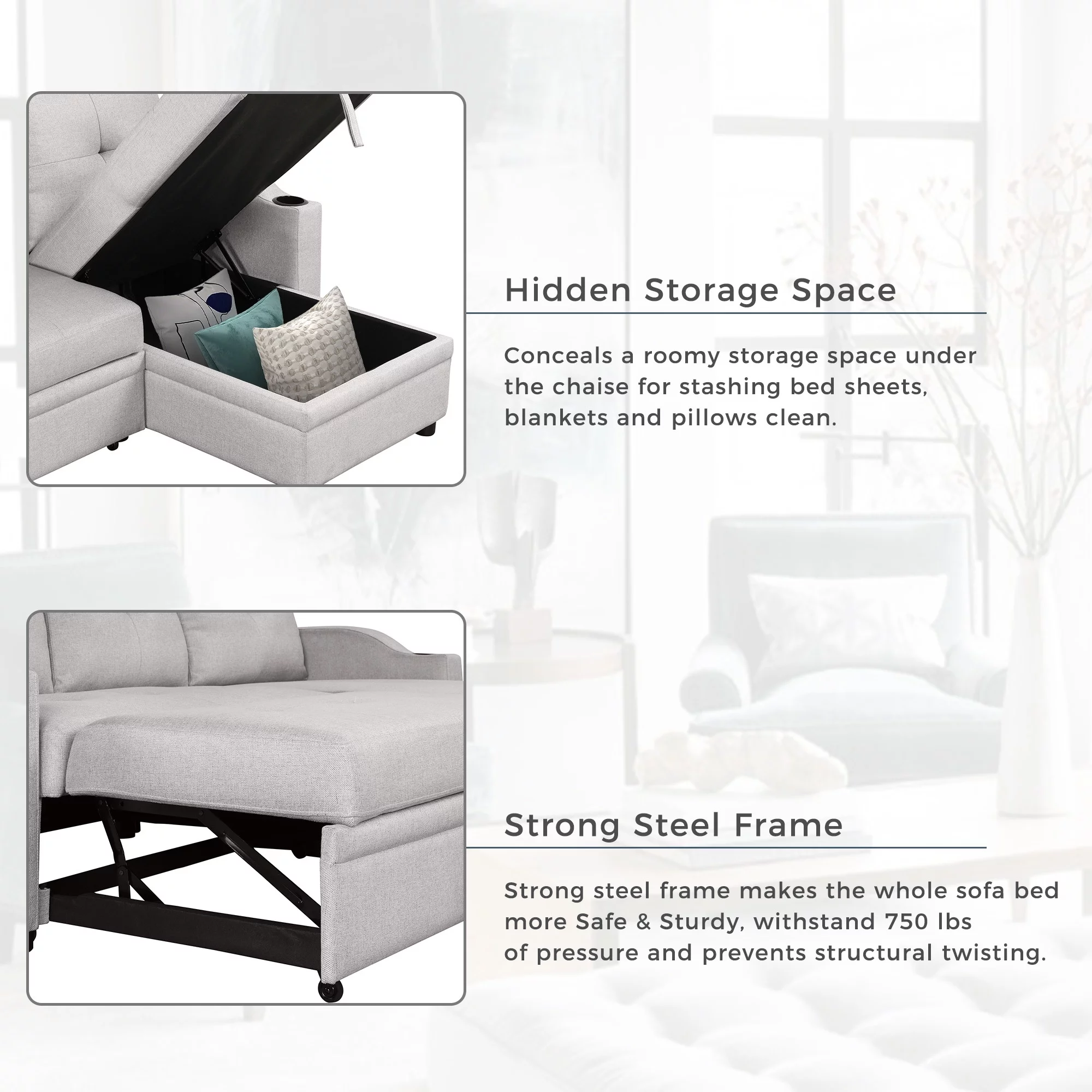 Euroco 80" Pull Out Sofa Bed L Shape Sofa with Storage Chaise and Cup Holder, Linen Fabric 3 Seater Couch, Gray