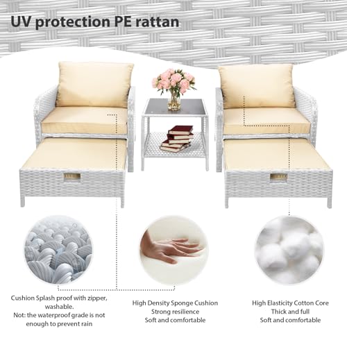 LEVELEVE Balcony Furniture 5 Piece Patio Conversation Set, PE Wicker Rattan Outdoor Lounge Chairs with Soft Cushions 2 Ottoman&Glass Table for Porch, Lawn-Brown Wicker