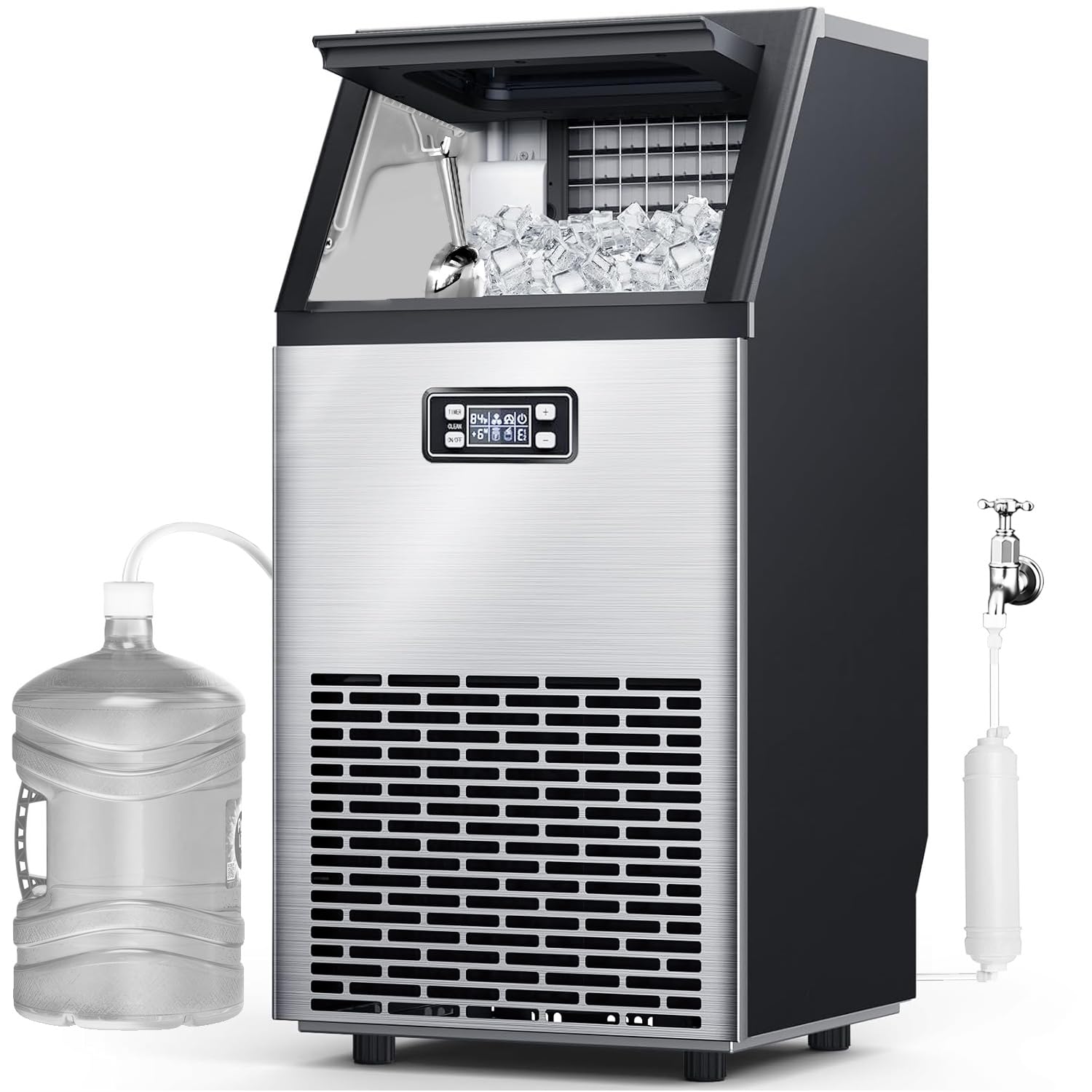 Kndko Commercial Ice Maker Machine, 100 lbs/24H, Stainless Steel Ice Maker with 2 Way Add Water, Under Counter Ice Machine, Freestanding Ice Maker, 24H Timer,Ice Machine for Home,Bar,Restaurant,RV
