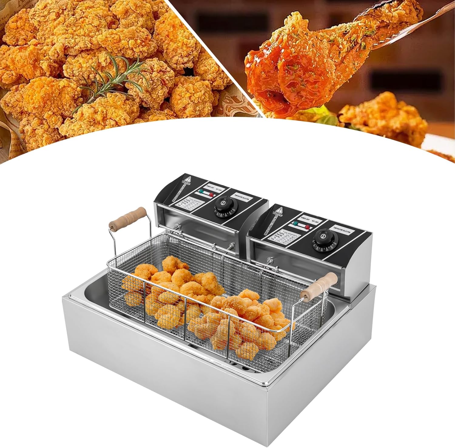12L Electric Stainless Steel Deep Fryer with 1 Large and 2 Small Frying Baskets, 1.7KW+1.7KW 110V Countertop Deep Fryer Accurate Temperature Control Oil Fryer Kitchen Large-Capacity Frying Machine