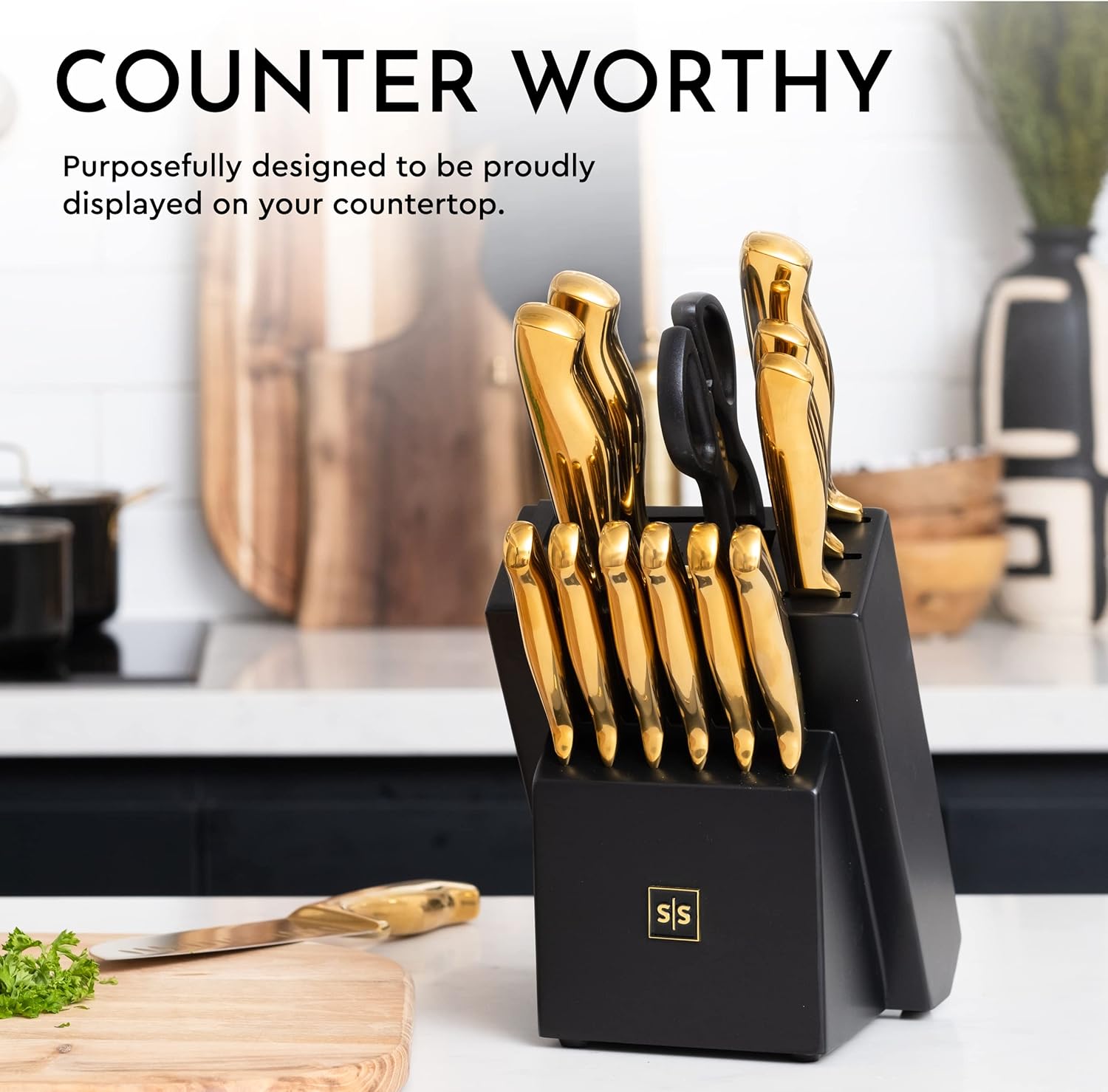 Black and Gold Knife Set with Block Self Sharpening, Black Utensil Holder with Built-In Ceramic Spoon Rest and Gold Cooking Utensils Set-21 Piece Luxe Black and Gold Kitchen Accessories