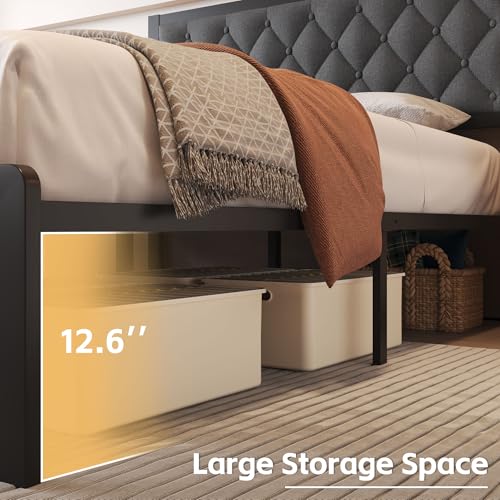 Queen Bed Frame with Headboard PU Leather Upholstered Bed Frame Platform,All Metal Slats Support Platform Bed Frame with Storage Space,Easy Assembly,Noise Free,No Box Spring Needed,Black