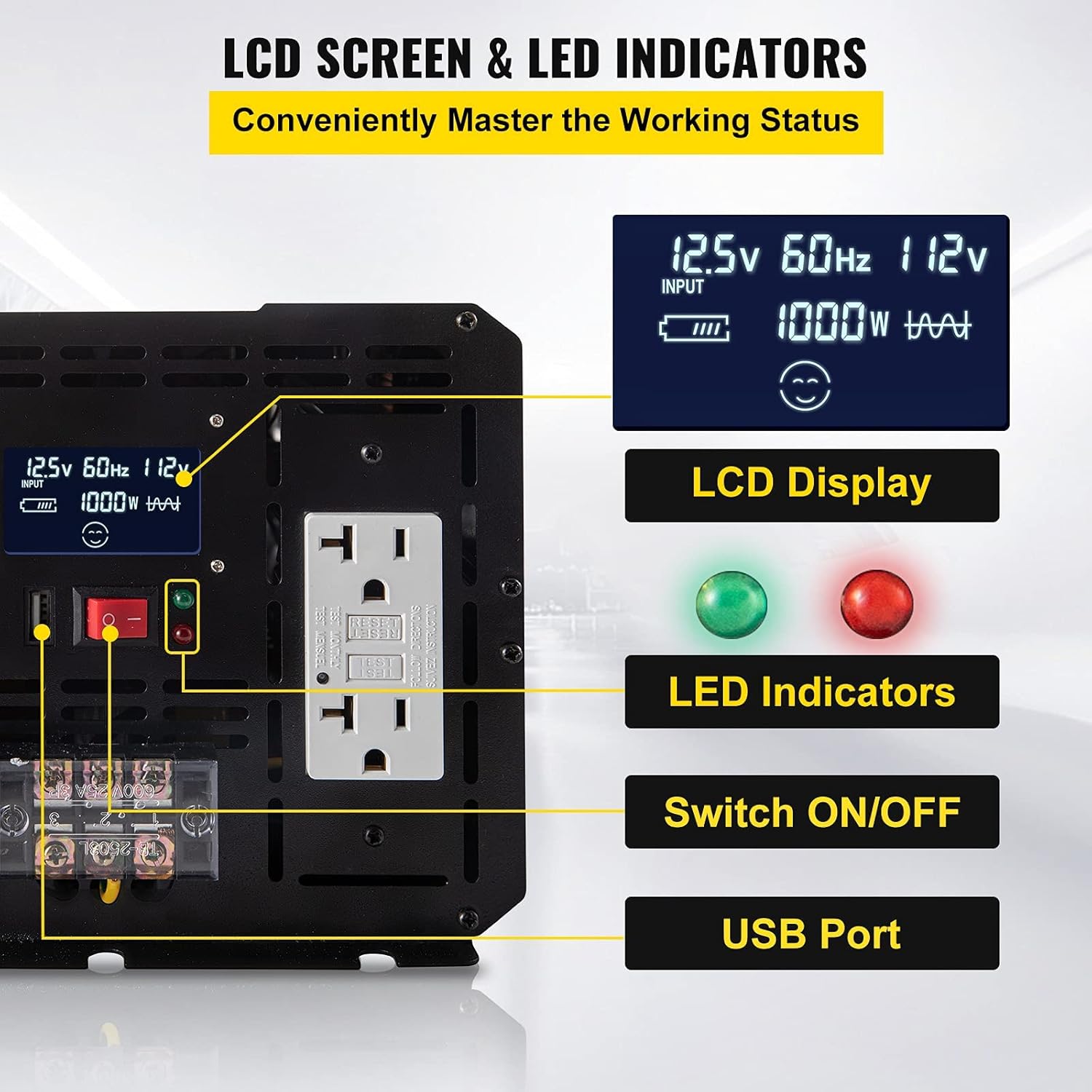 VEVOR Power Inverter, 5000W Modified Sine Wave Inverter, DC 12V to AC 110V Car Converter, with LCD Display, Remote Controller, LED Indicator, GFCI Outlets Inverter for Truck RV Car Boat Travel Camping