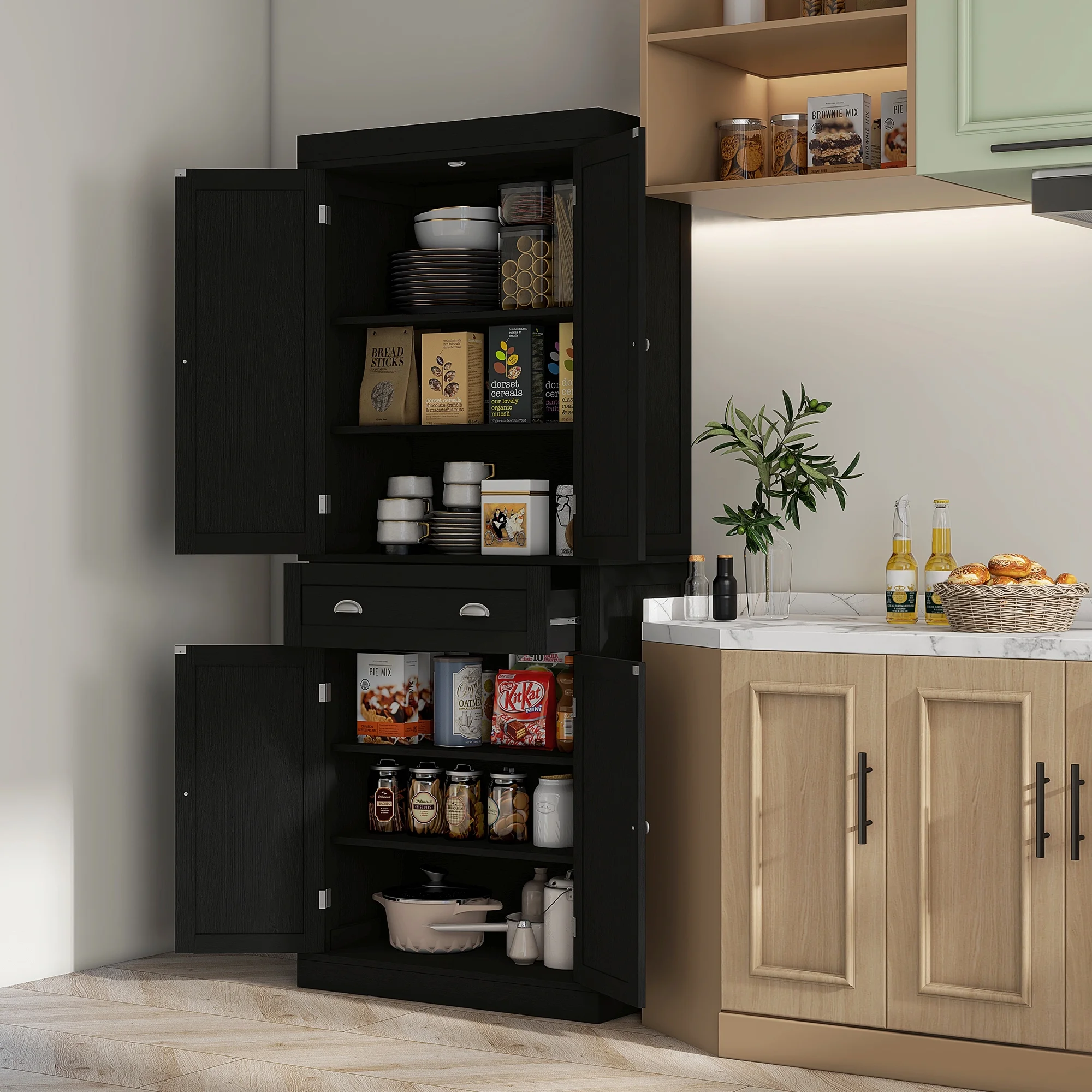 HOMCOM 72" Kitchen Pantry Cabinet with 2 Cupboards, Drawer, Black Wood Grain