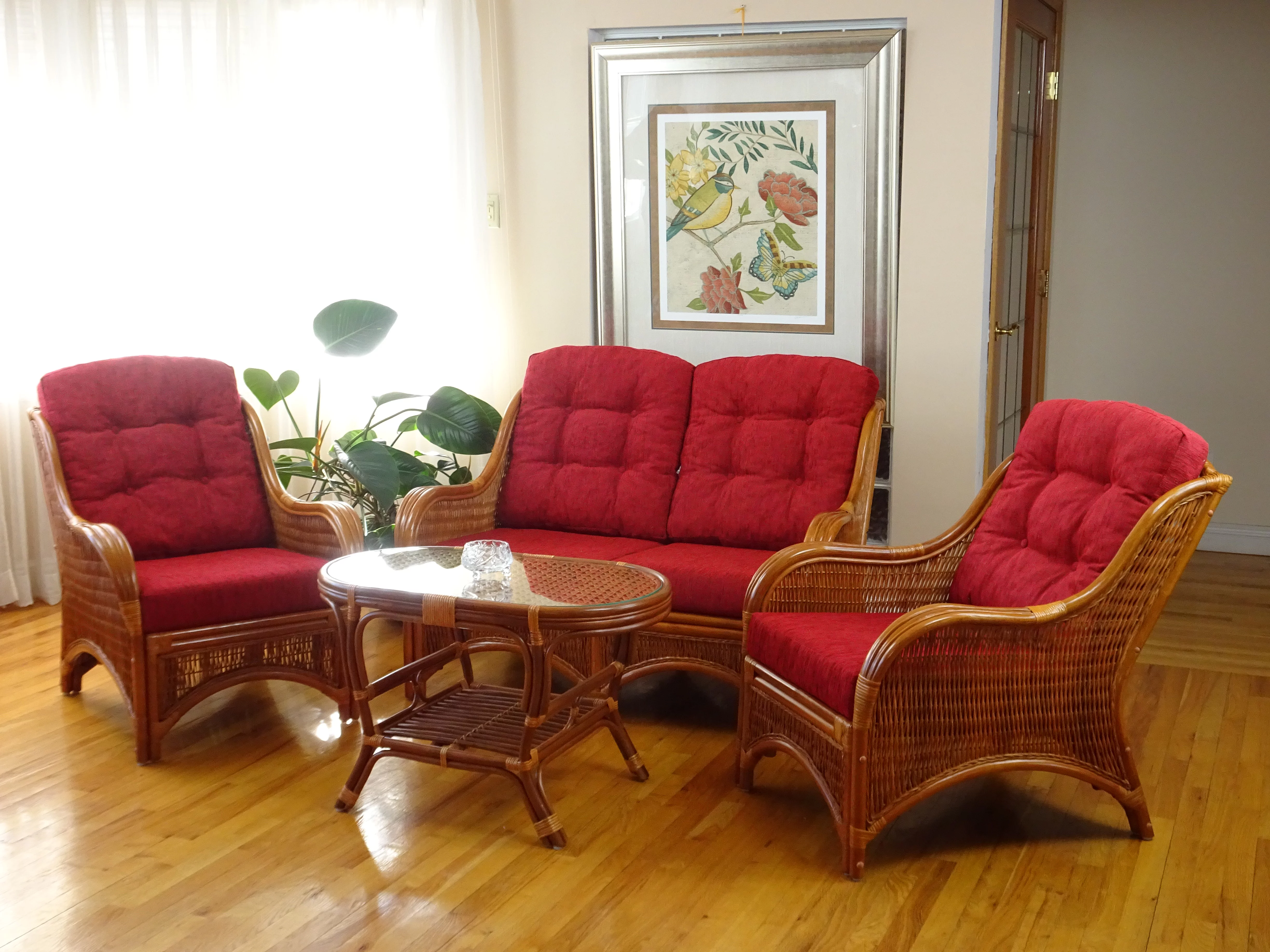 Jam Living Set of 2 Natural Rattan Wicker Lounge Chairs, Loveseat with Cream Cushions and Coffee Table w/Glass Handmade, Colonial