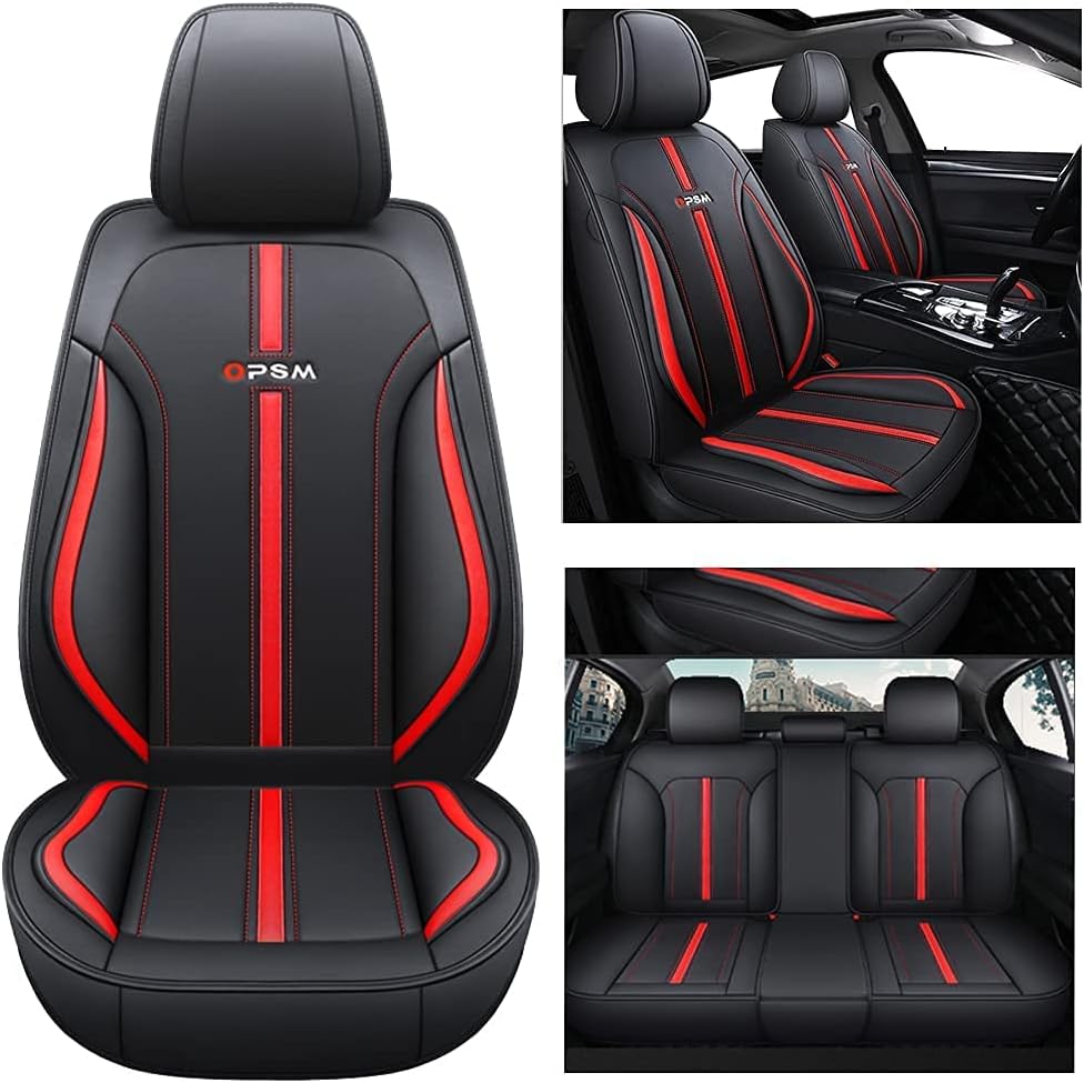Leather Car Seat Covers 5 Seats Full Set Universal Fit(Black-Red)