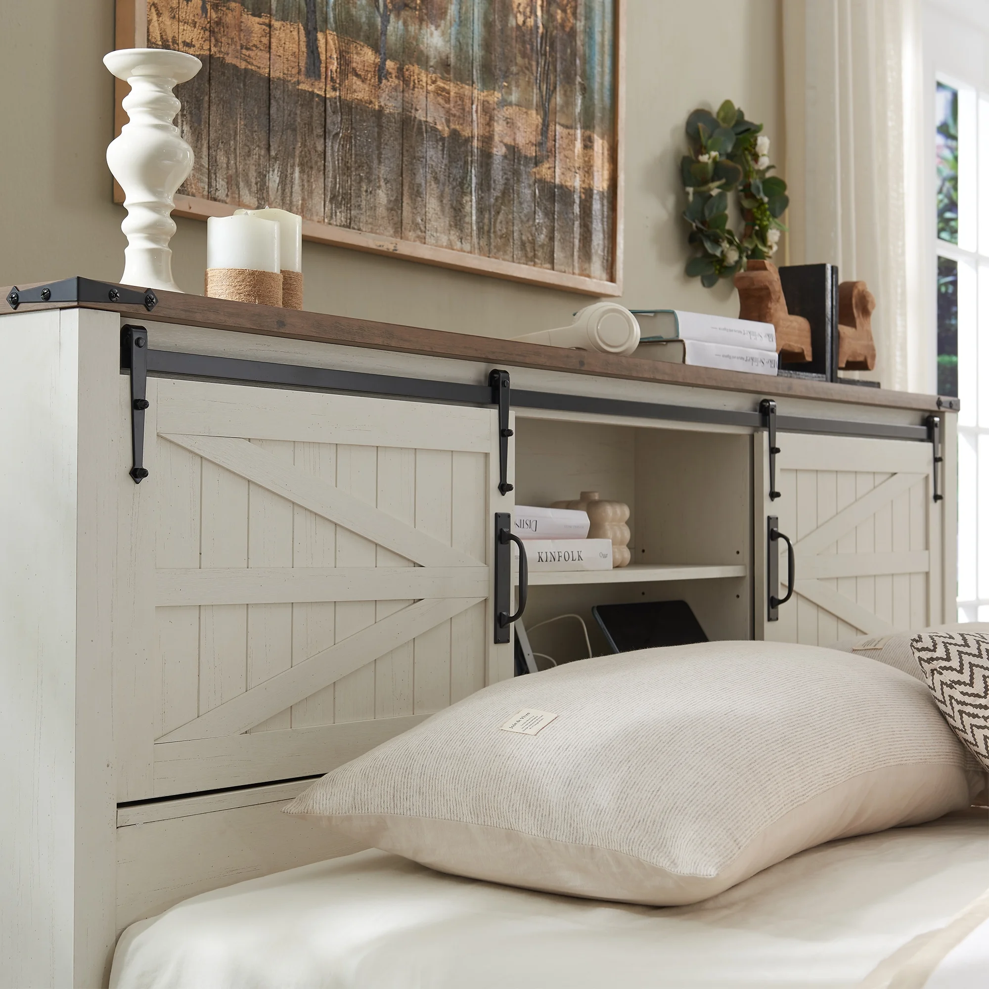 OKD Modern Farmhouse Full Platform Bed with Bookcase Headboard Storage and Charging Station, No Box Spring Needed, Anitique White Finish