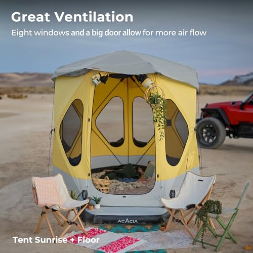 Space Acacia Camping Tent, 2-3 Person Pop Up Tent for Camping with 6'10'' Height, 1 Door, 8 Windows, Waterproof Easy Setup Instant Hub Tent with Removable Rainfly, Footprint for Car Camping, Glamping