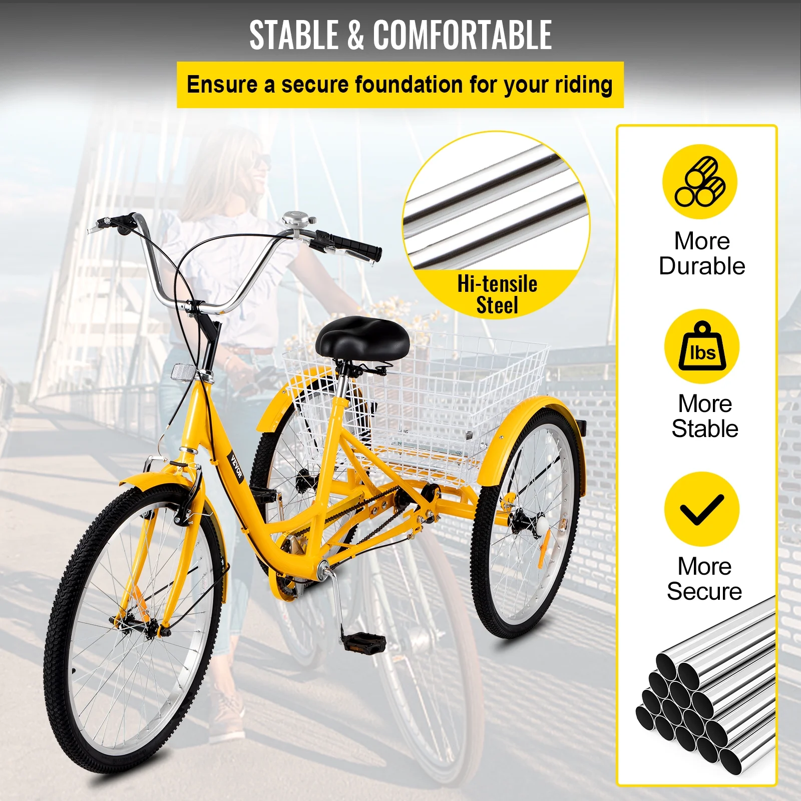 VEVOR Adult Tricycle 24 inch, 1-Speed Three Wheel Bicycles for Adult with Bell Brake System & Cargo Basket , Yellow