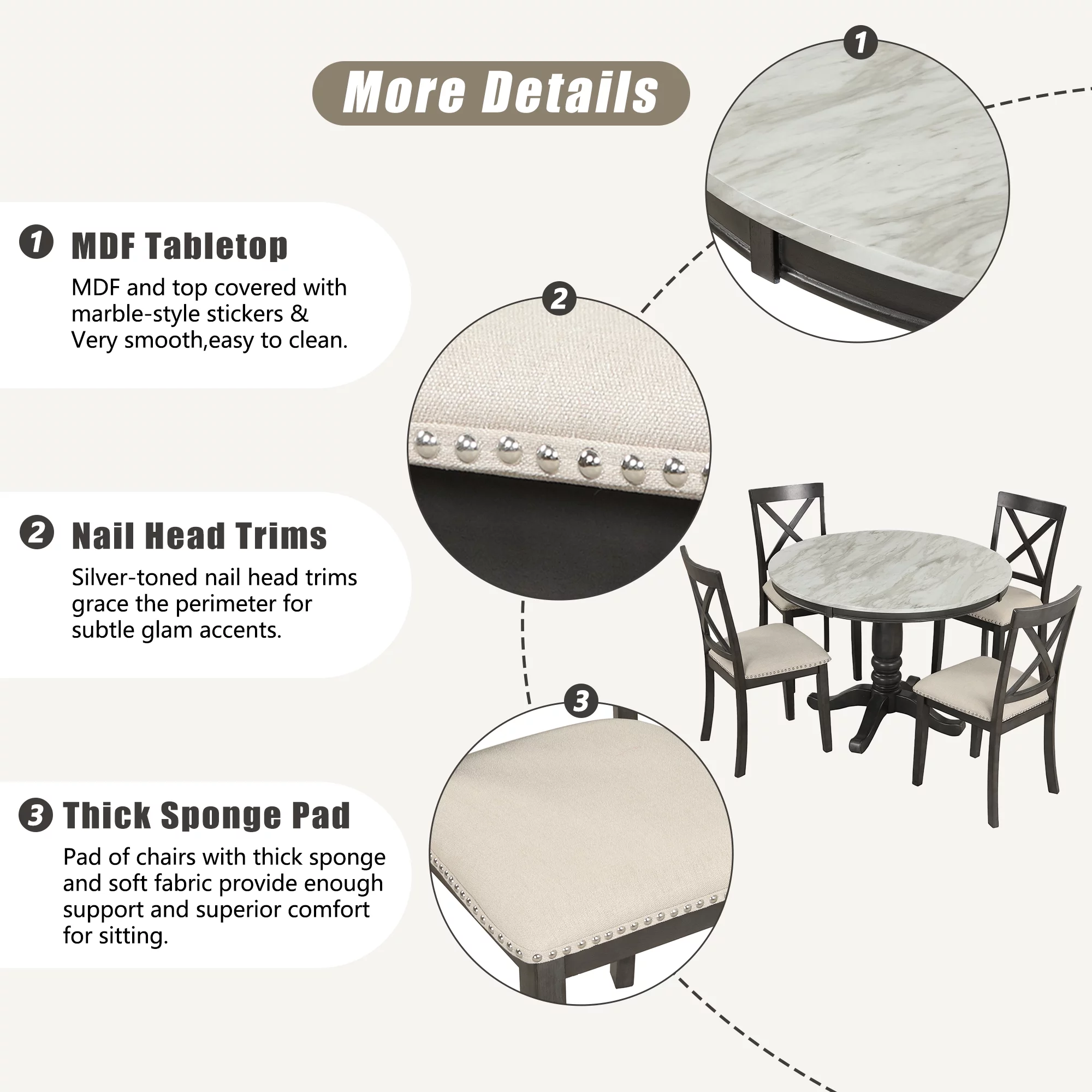 5 Piece Modern Solid Wood Dining Room Set with 4 Chairs, Simple Style Kitchen Table Set with Table and 4 Cross Back Chairs, Round Table with Chairs for Small Places (Gray)