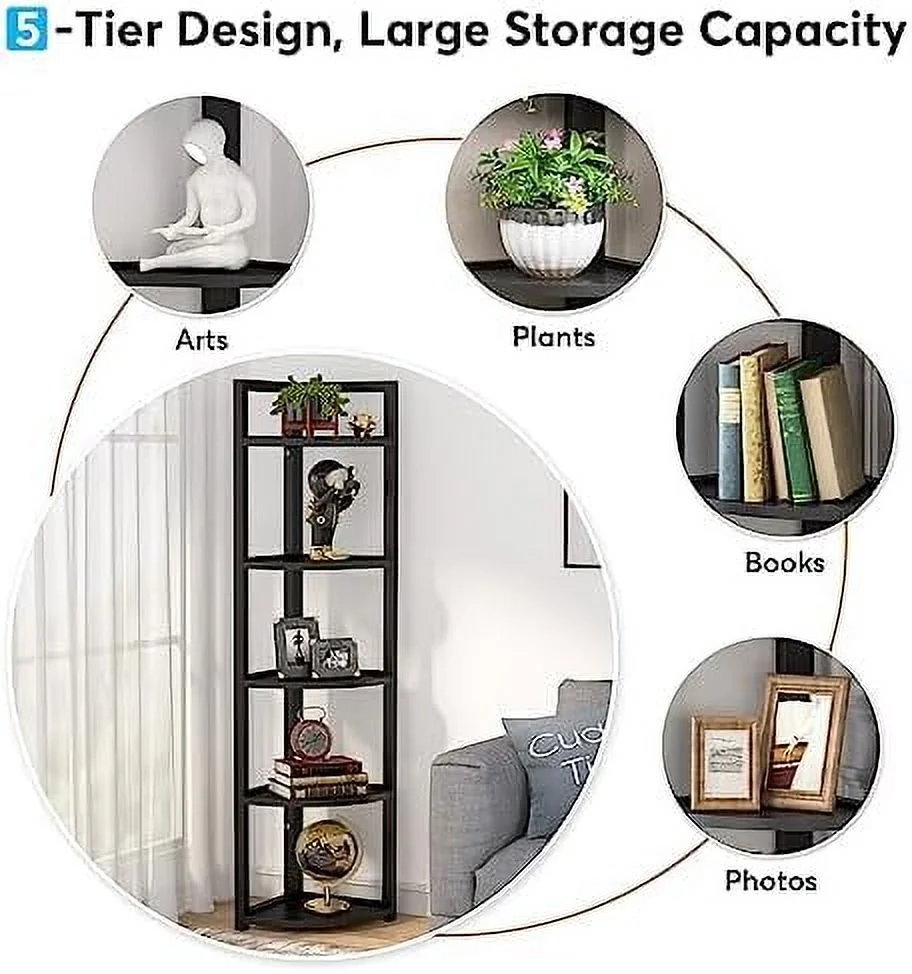 YZboomLife 5 Tier Corner   Rustic Corner Bookshelf Small Bookcase  Rack Plant Stand for Living Room  Home Office  Kitchen  Small Space (Brown)