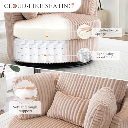 Chair and A Half with Ottoman, 360° Swivel Accent Barrel Chair Modern Comfy Round Reading Sofa Swivel Chairs Circle Lounge Chair for Bedroom Living Room w/4 Pillow Lower Seating Heigh (White, Large)