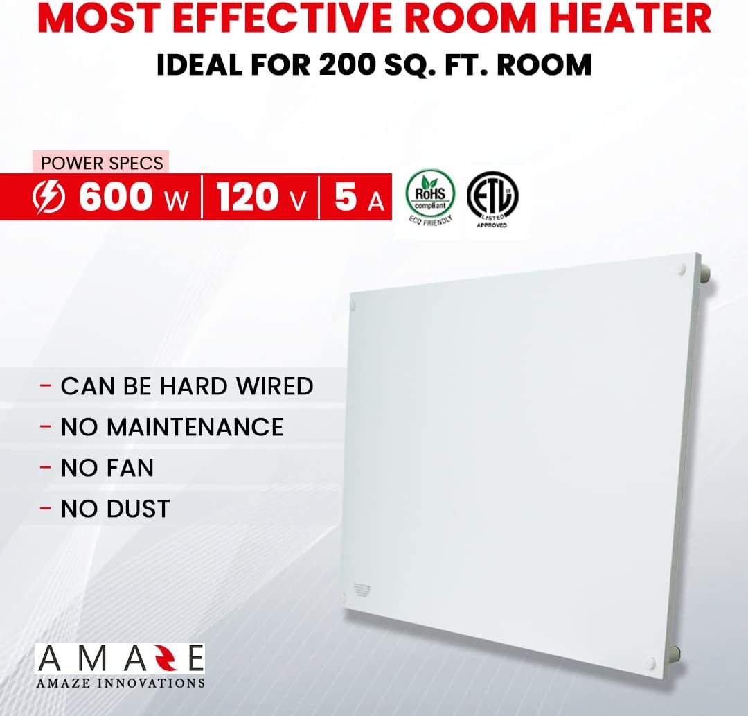 Amaze Heater Maxi 600W Convection Wall Mount Space Heater Panel - Ideal for 200 Sq Ft Room - 600Watts/120V Electric Heater - AH600USMX
