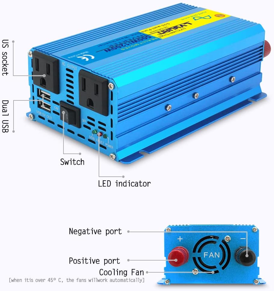 LVYUAN Pure Sine Wave Inverter 1600 Watts Inverter 12V to 110V DC to AC with Remote Controller, LCD Display 4 AC Sockets and 4 USB Ports for Car Truck Solar Power (PSW1600W-GREEN)