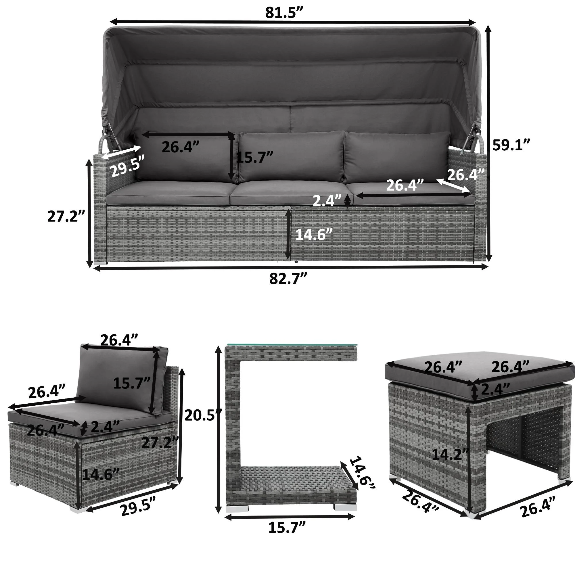 Seizeen 5 Pieces Patio Outdoor Daybed, Rattan Sectional Conversation Sofa Set with Retractable Canopy, Patio Sectional Bed with Side Table, Outdoor Sunbed with Cushions and Pillows