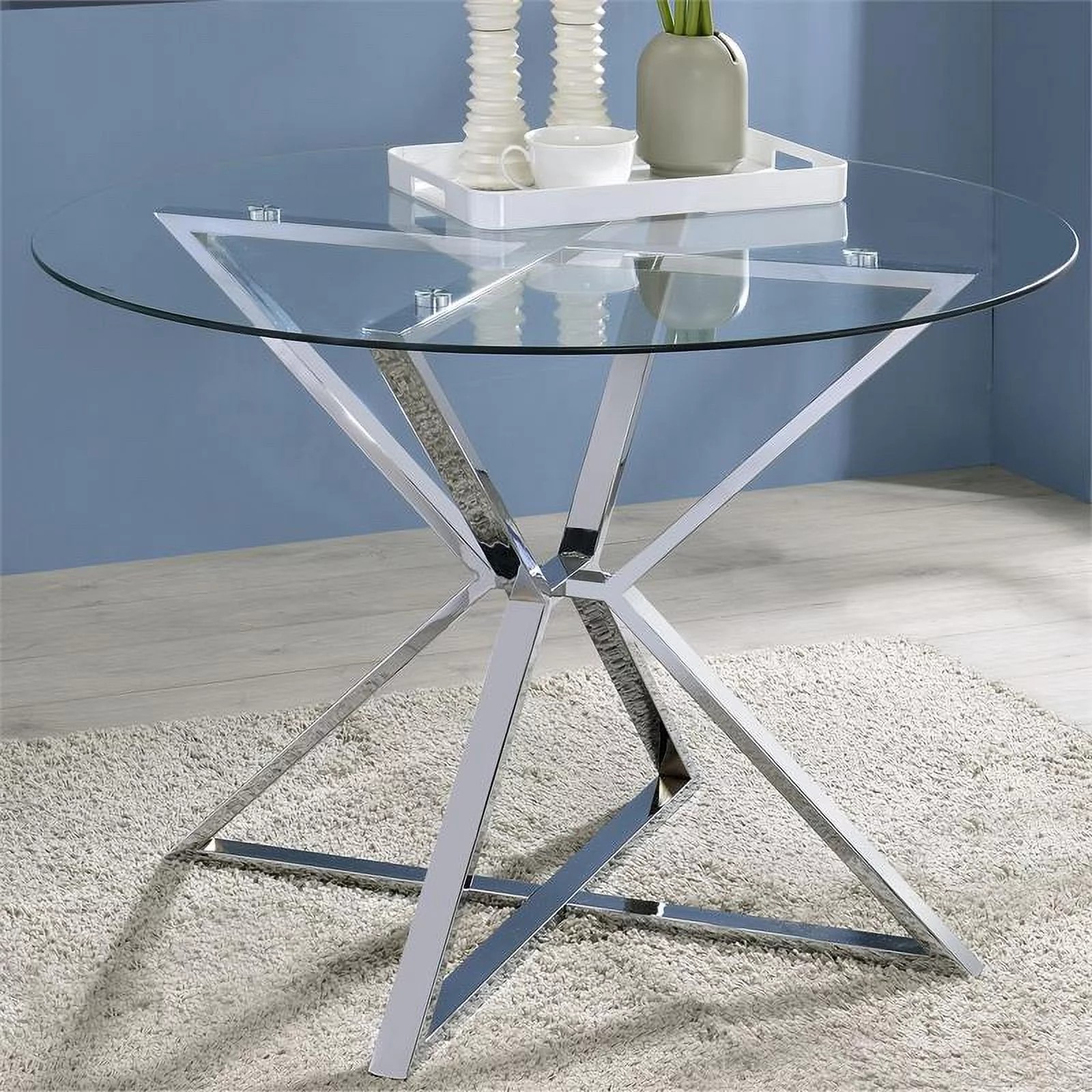 Furniture of America Leonisis Glass Top Round Dining Table in Chrome