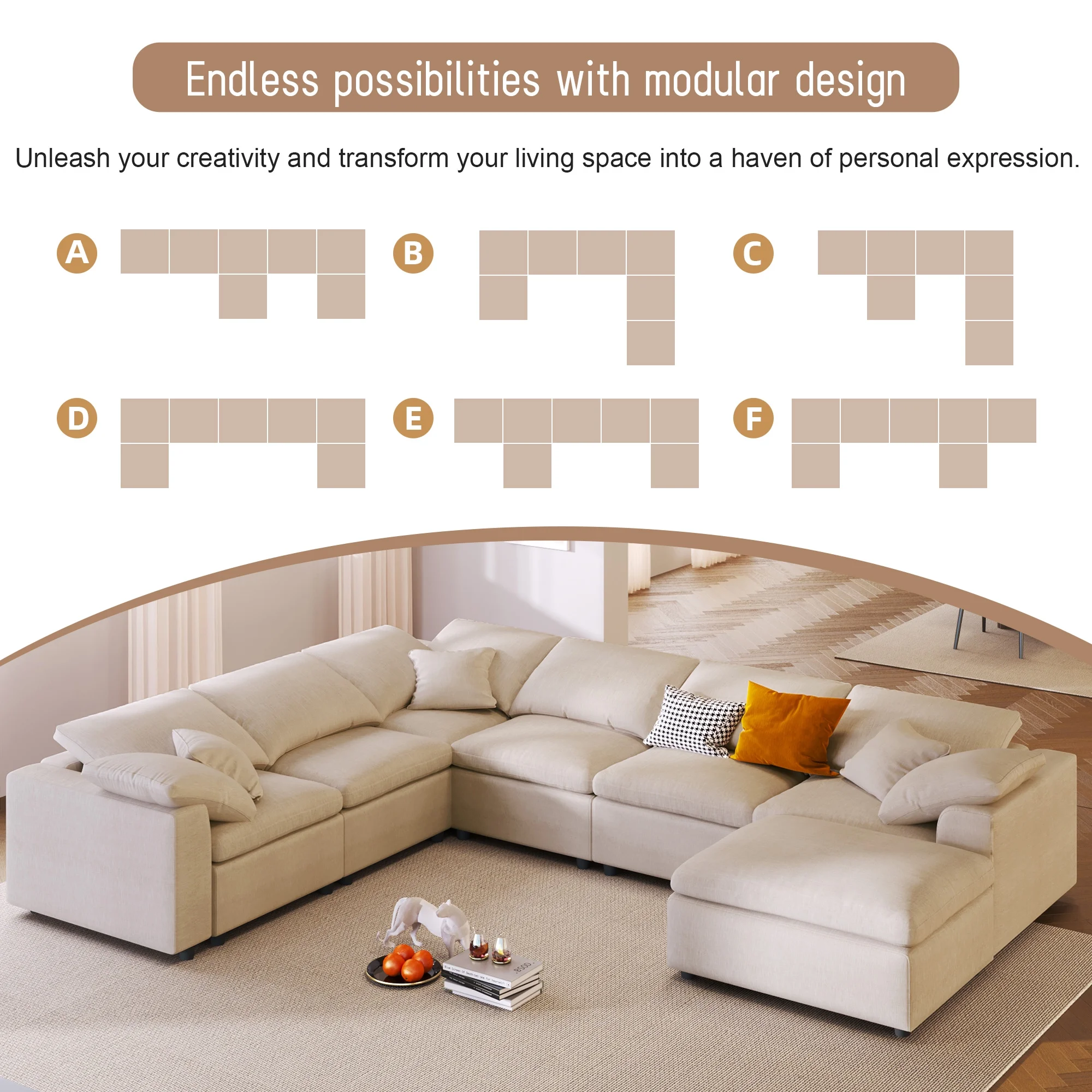EUROCO 130" 7-Seater Oversized Modular Couches and Sofas Sectional with Ottoman,Sectional Sofa U/L Shaped Chenille Sectional Couch for Living Room, Office, Spacious Space