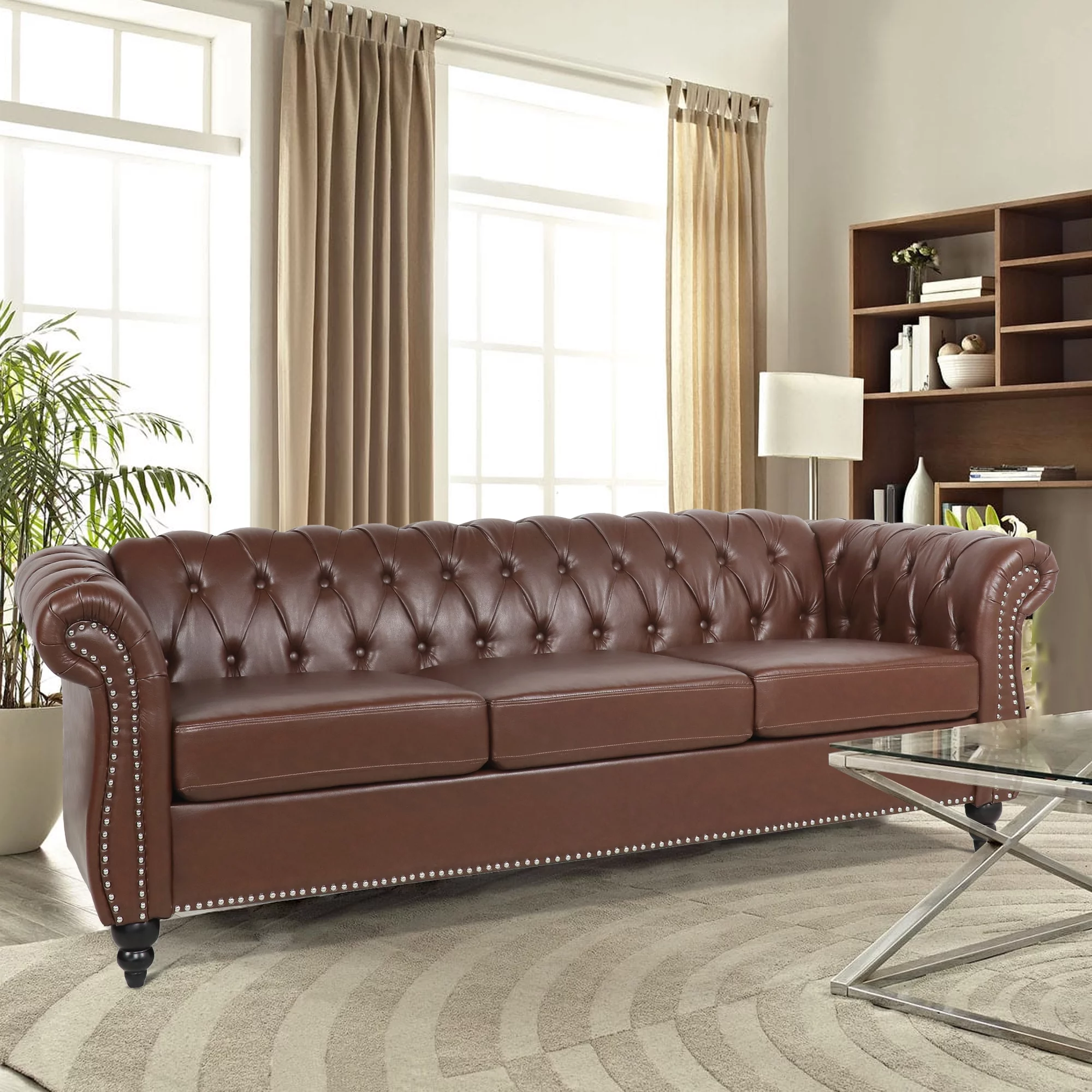 Yocwo 84" Faux Leather Sofa Couch,3 Seater Chesterfield Sofa,Upholstered Rolled Arms Sofa with Nailhead Trim for Living Room, Brown
