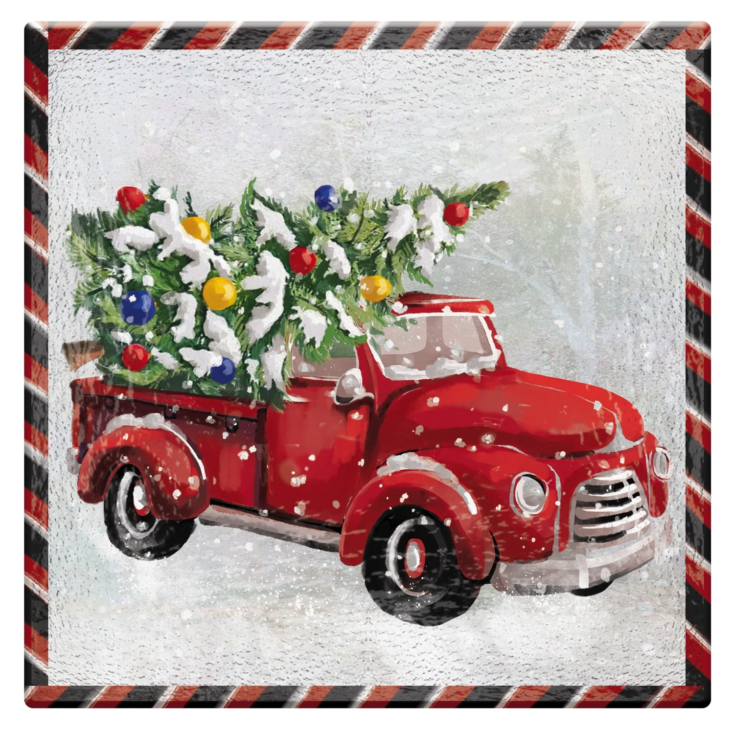 16.5" Hand Painted Embossed Square Glass Bird Bath, Winter Farm Truck - Curated Treasures Market