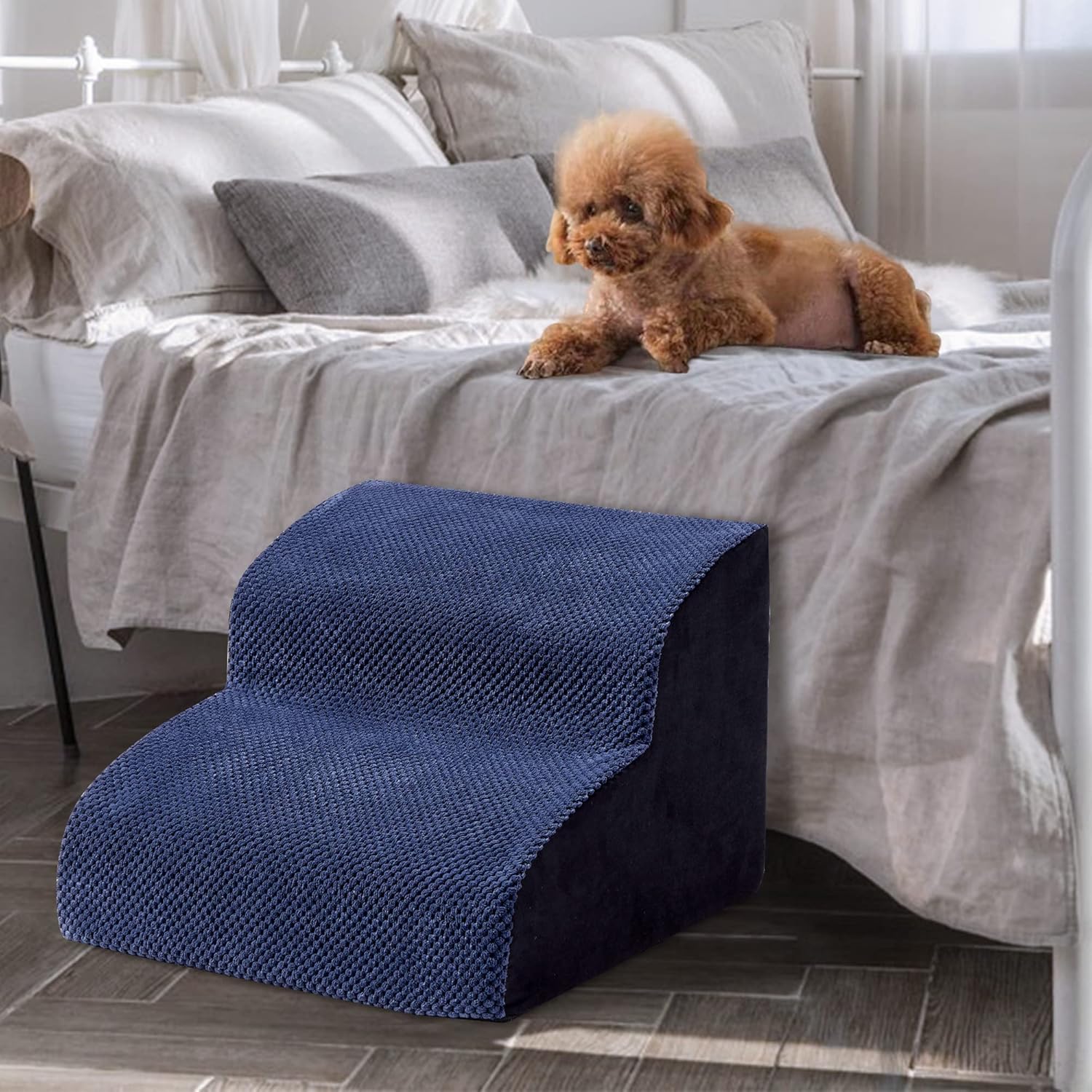 MALOROY 2 Tiers Foam Dog Ramps, Dog Ladder Pet Ramp Stairs Non-Slip Pet Step for Older Dogs and Pets with Joint Pain, Sofa Bed Ladder for Cats（Navy Blue）