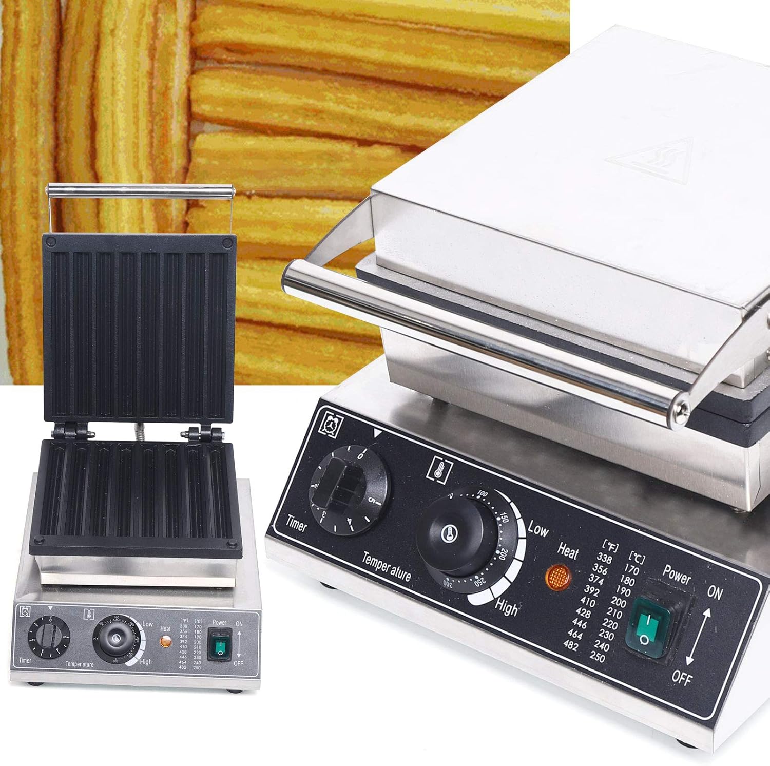 1500W 8 Churro Maker Machine, Stainless Steel Electric Waffle Maker Muffin Machine Baker Machine, Commercial Belgian Waffle Maker with Teflon Coating, 50~300℃ Temp for Restaurant Bakeries