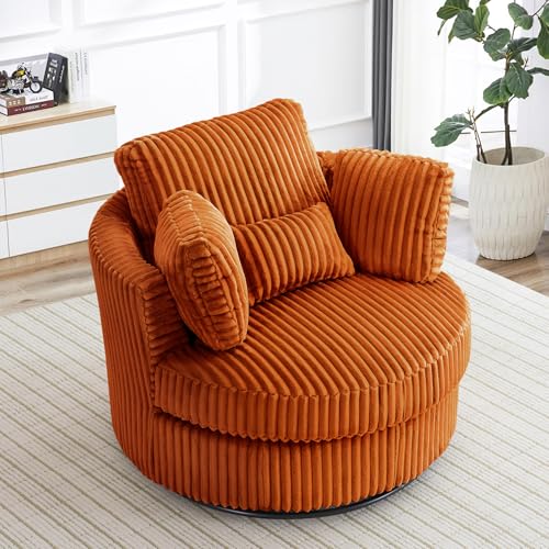 Chair and A Half with Ottoman, 360° Swivel Accent Barrel Chair Modern Comfy Round Reading Sofa Swivel Chairs Circle Lounge Chair for Bedroom Living Room w/4 Pillow Lower Seating Heigh (White, Large)