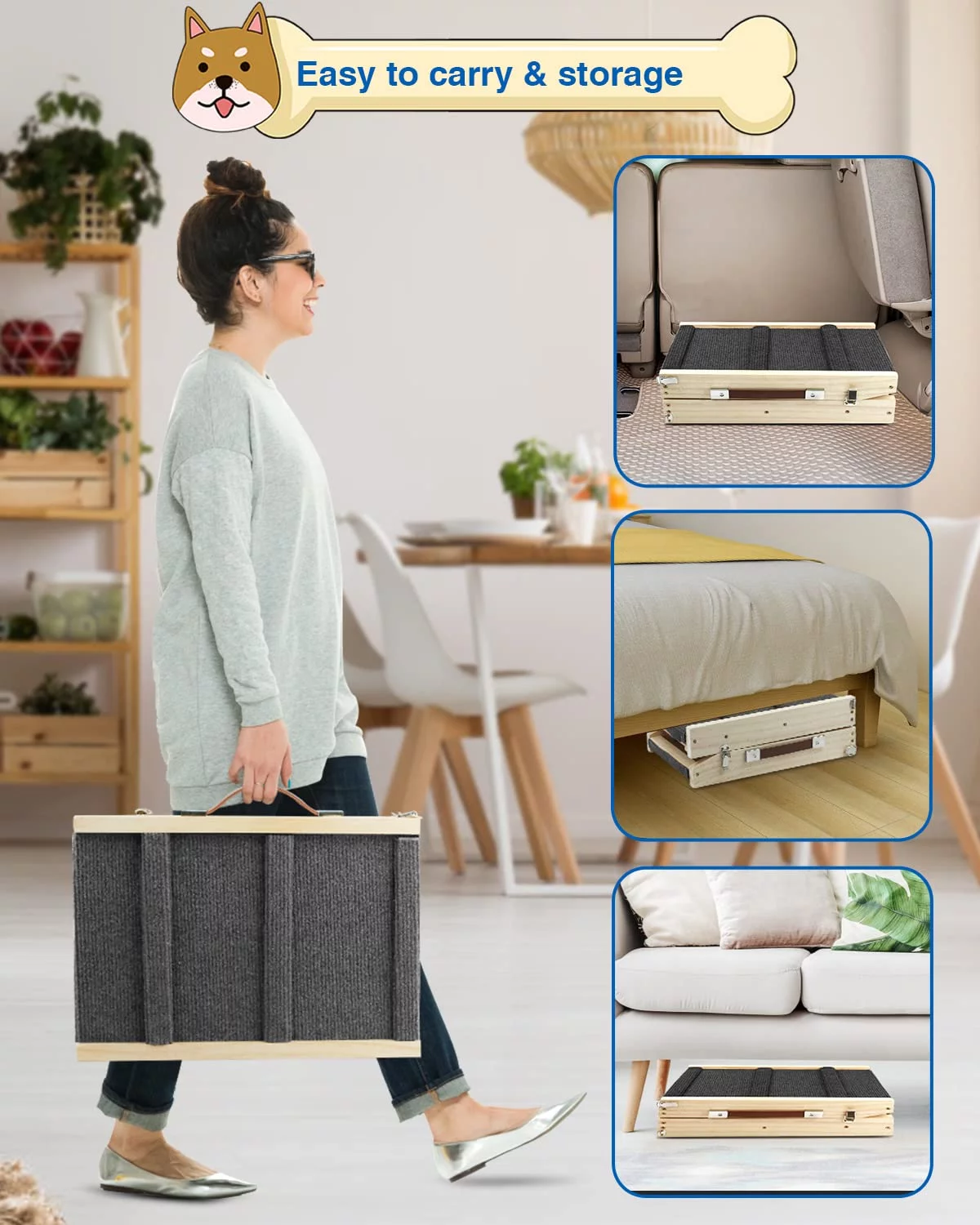 TNELTUEB Adjustable Dog Ramp, Wooden Folding Portable Pet Ramp,Rated for 30 LBS, 32.6" Long and Adjustable from 10" to 19" with Non-Slip Traction Mat, Cat Ramps for Car, Bed, Couch (Grey) - Curated Treasures Market